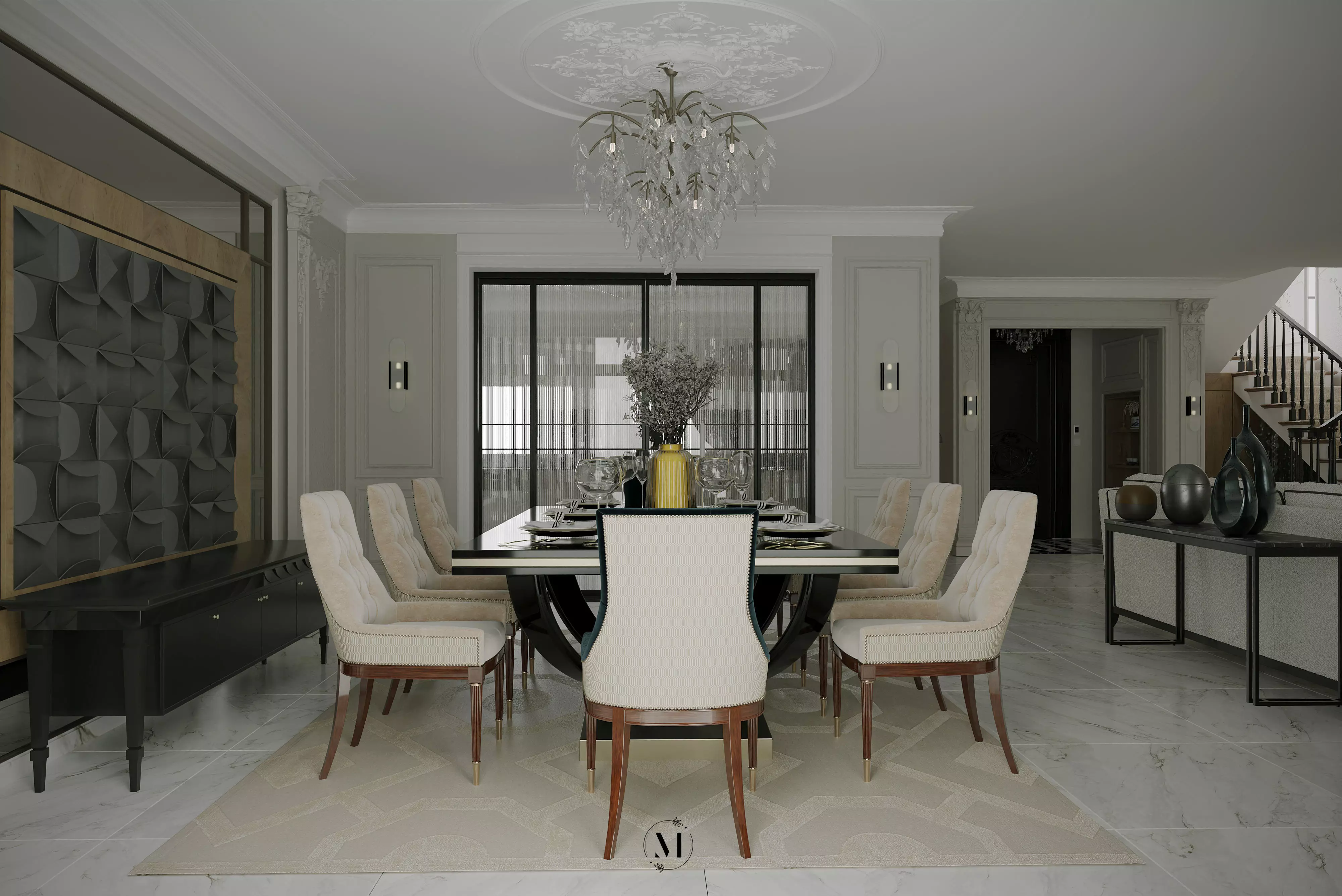 Elegant Modern Classic Open Plan Living  Dining Scene 3D model_5