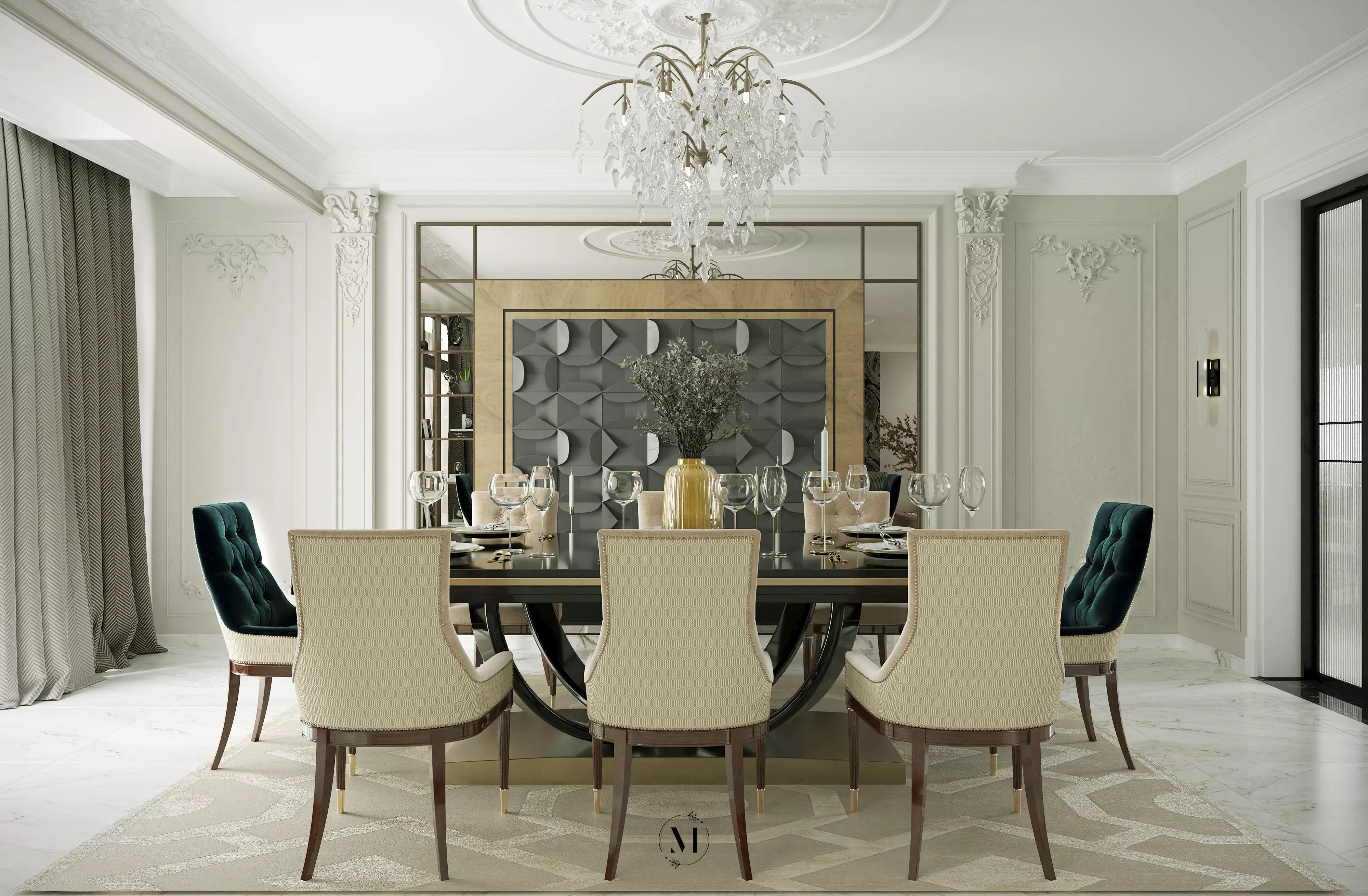 Elegant Modern Classic Open Plan Living  Dining Scene 3D model_4