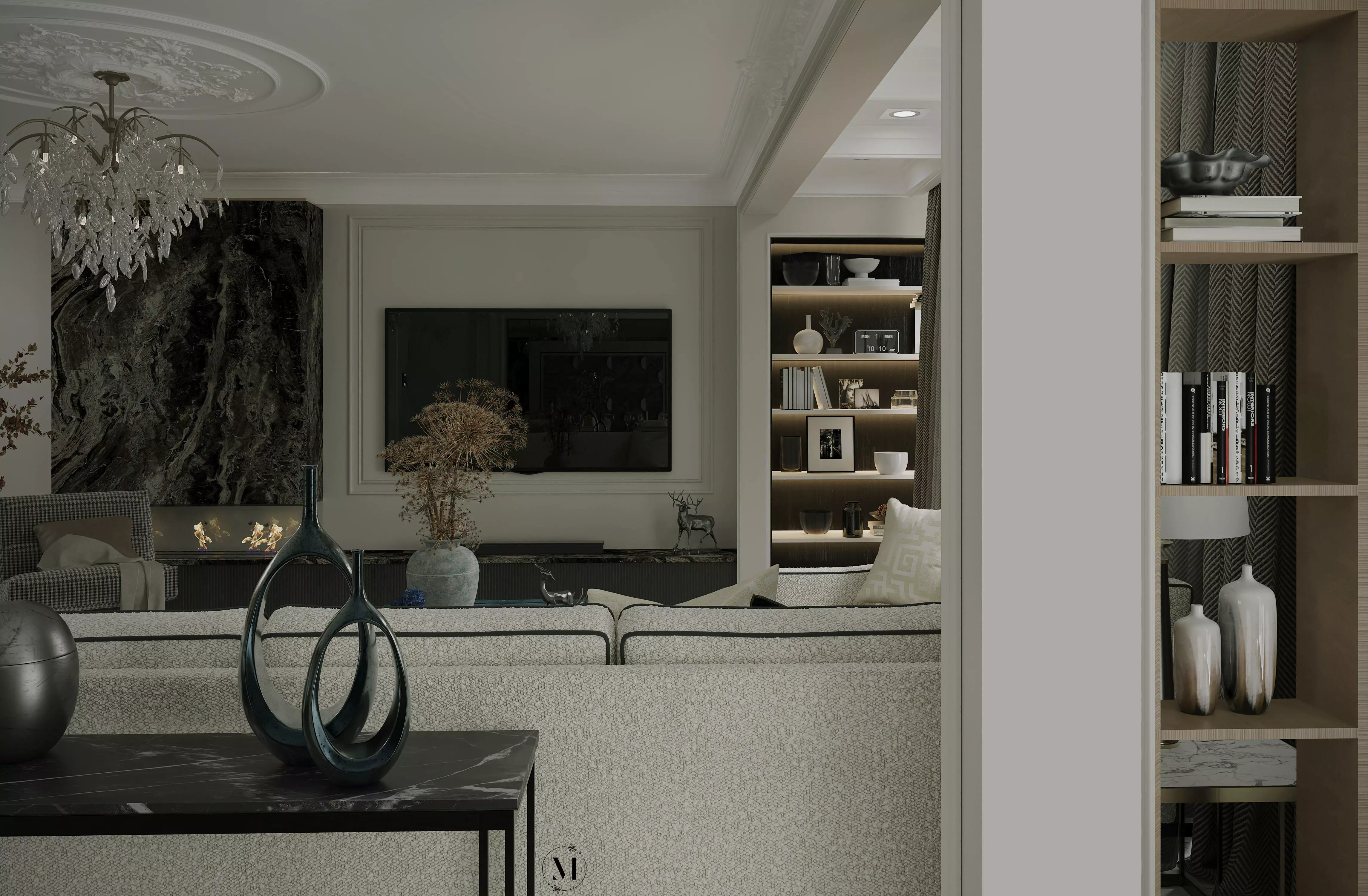 Elegant Modern Classic Open Plan Living  Dining Scene 3D model_3