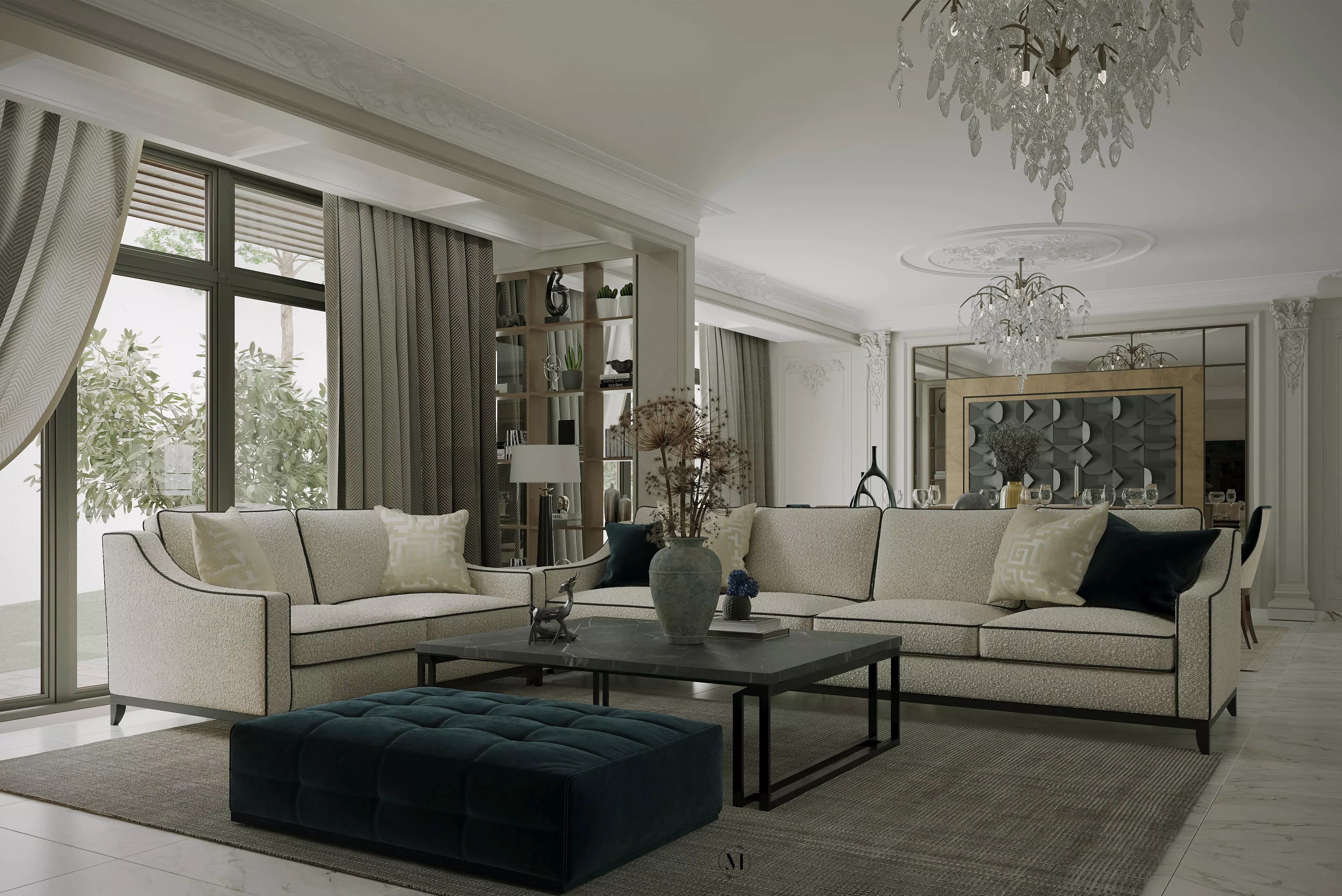 Elegant Modern Classic Open Plan Living  Dining Scene 3D model_0