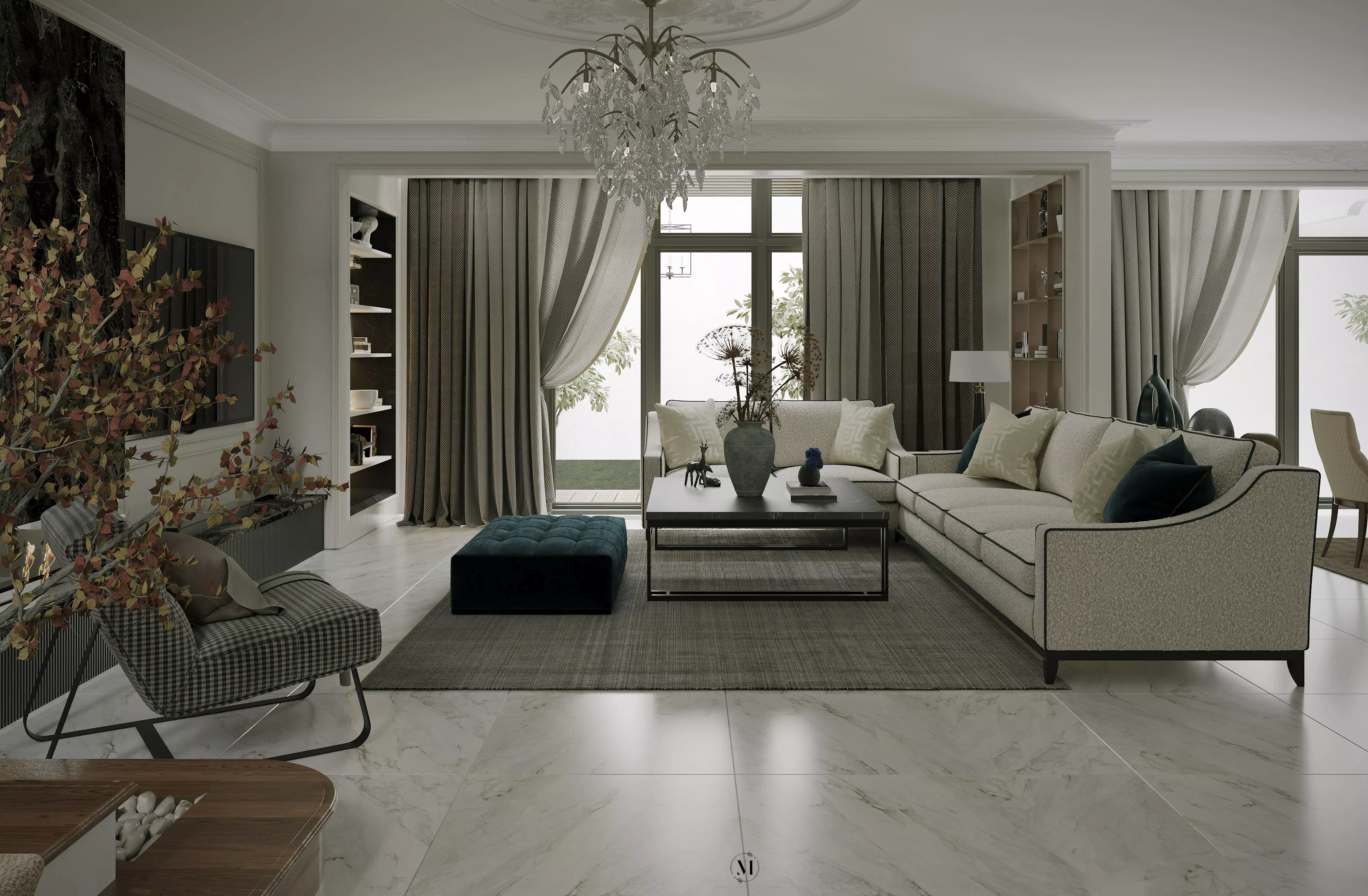 Elegant Modern Classic Open Plan Living  Dining Scene 3D model_1