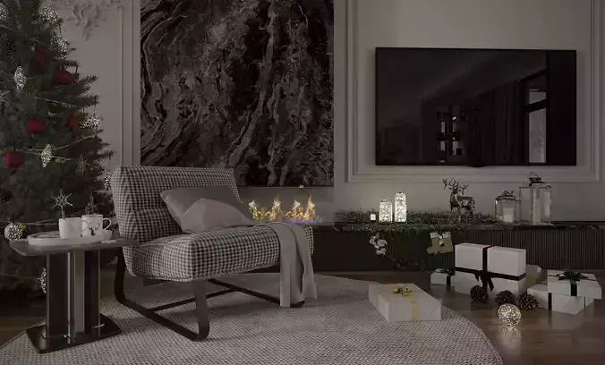 Cozy Christmas Living Room Scene 3D Model