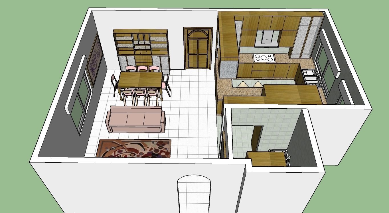 German style Kitchen with dining and living room plus LCD set 3D model_1