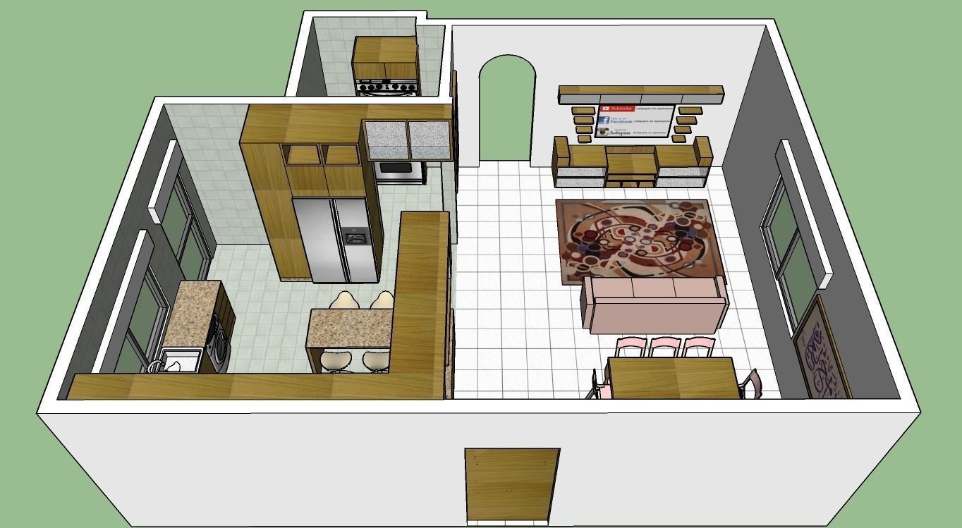 German style Kitchen with dining and living room plus LCD set 3D model_2