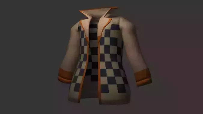 Stylized  Long Coat 3D Model  Checkered Fabric Design