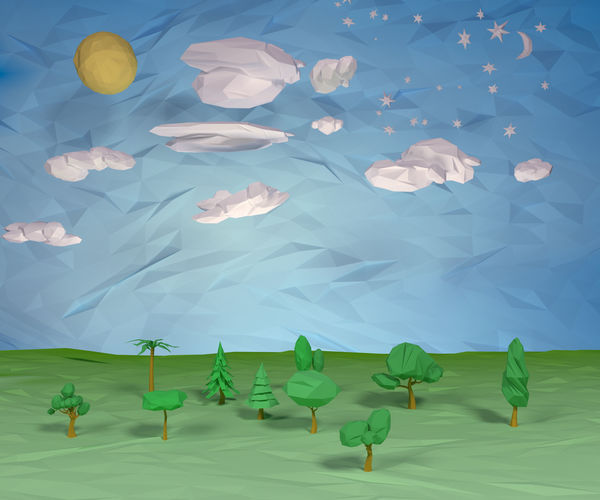Trees  clouds  sun moon stars pack Low-poly 3D model