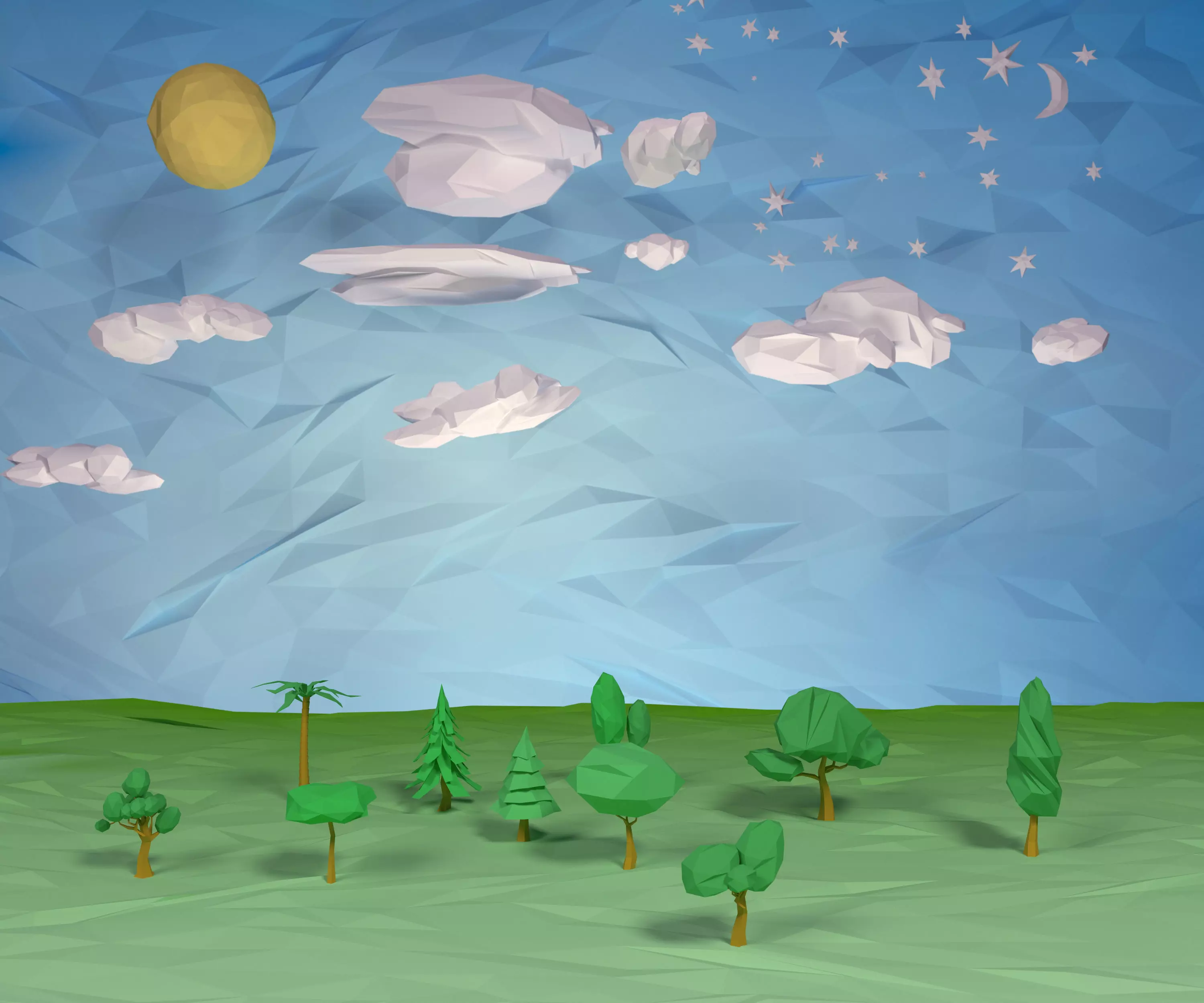 Trees  clouds  sun moon stars pack Low-poly 3D model_0