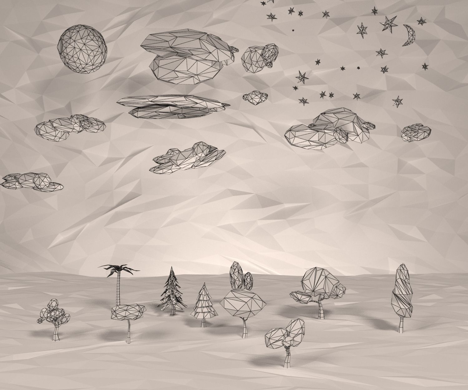 Trees  clouds  sun moon stars pack Low-poly 3D model_1