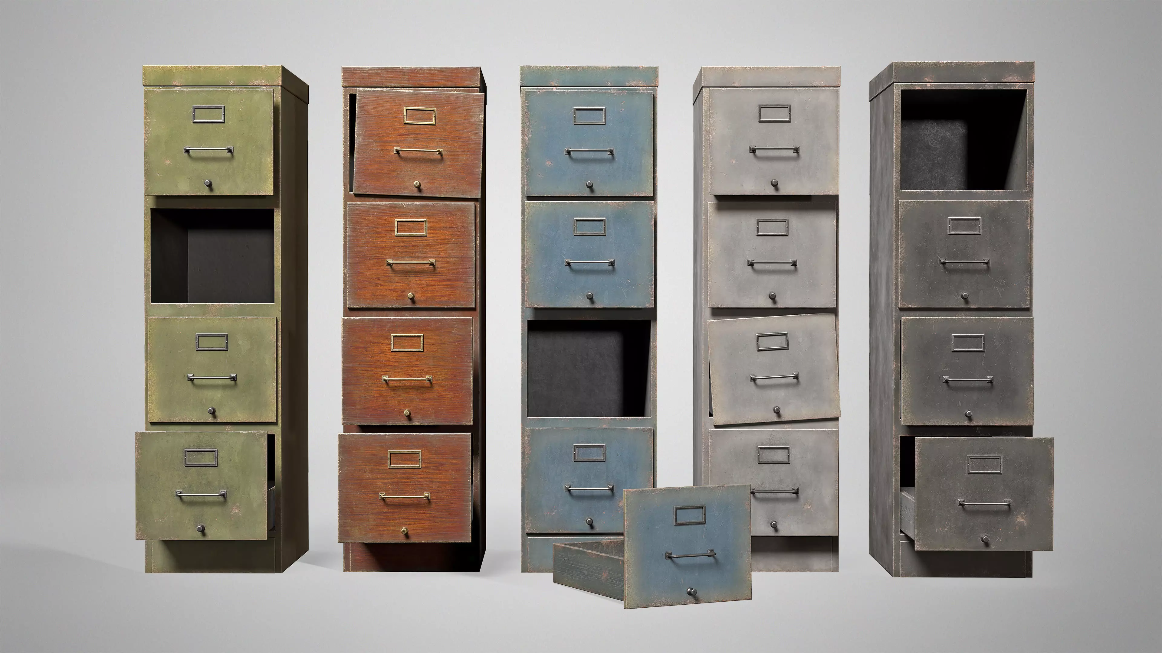 Vintage Office Cabinet - Retro Filing Cabinet with Drawers Low-poly 3D model_1