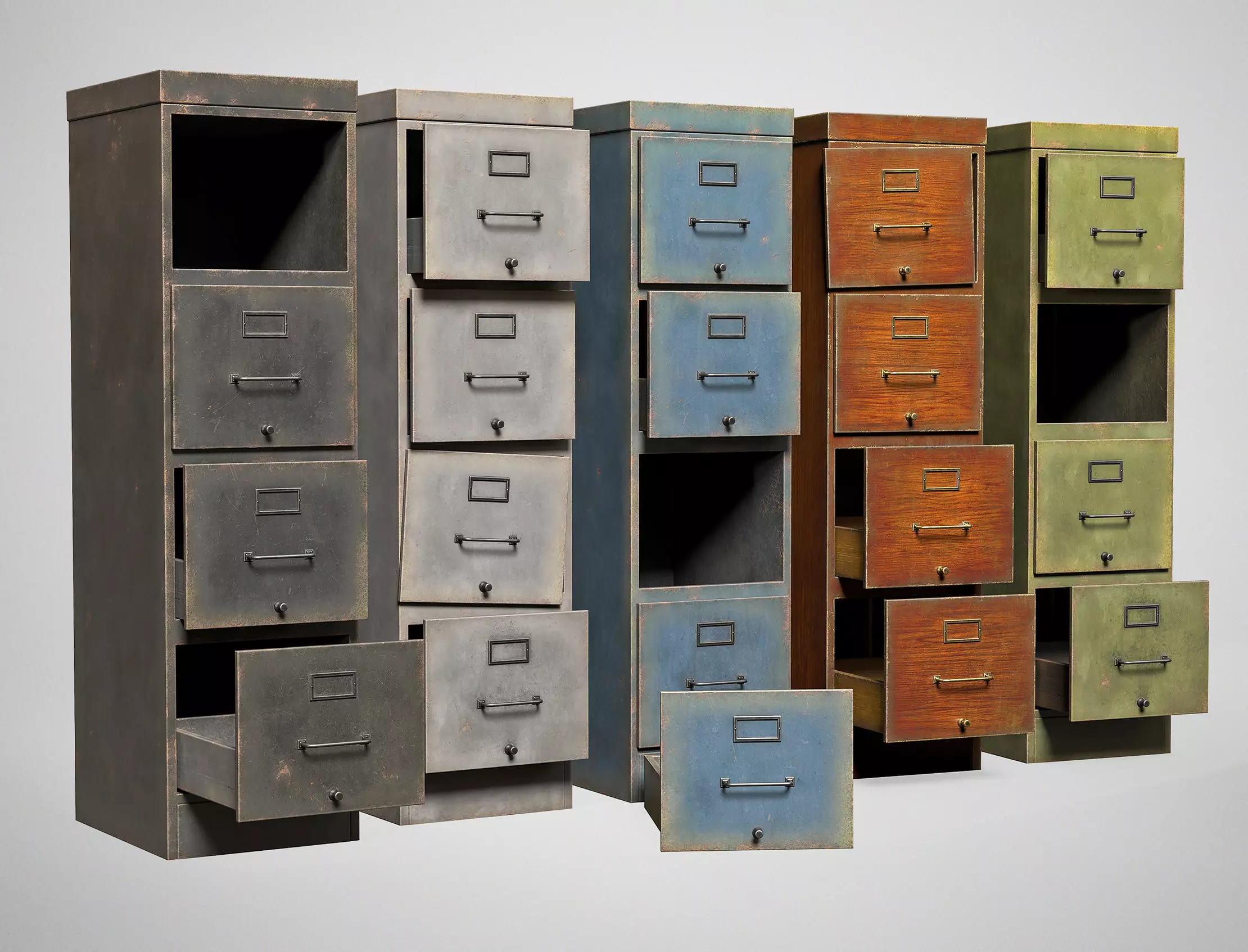 Vintage Office Cabinet - Retro Filing Cabinet with Drawers Low-poly 3D model_0