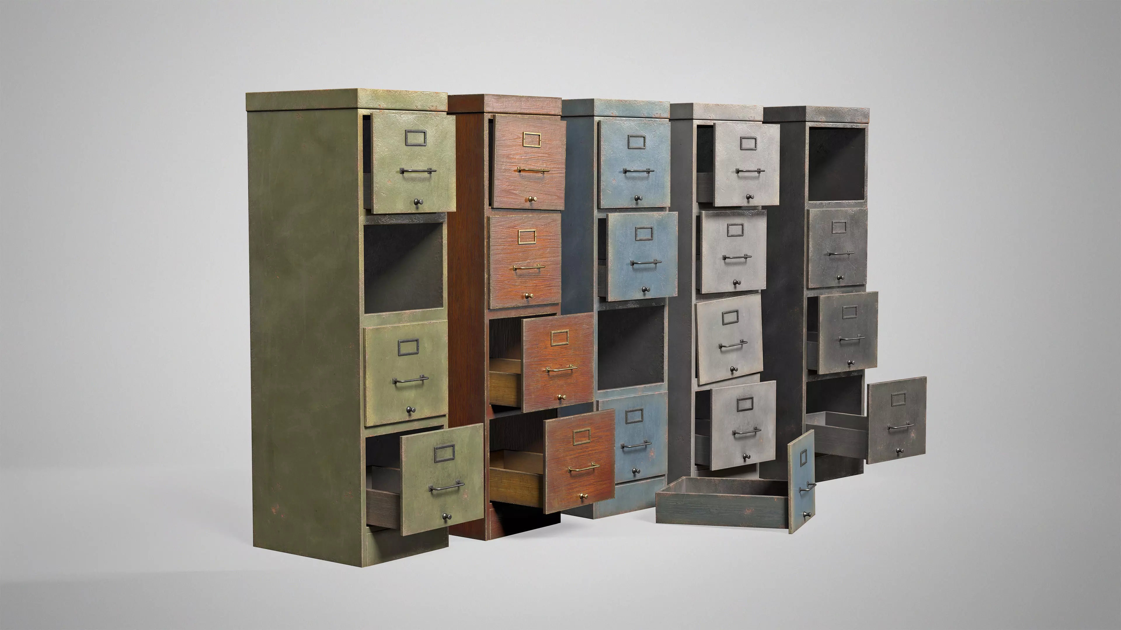 Vintage Office Cabinet - Retro Filing Cabinet with Drawers Low-poly 3D model_10