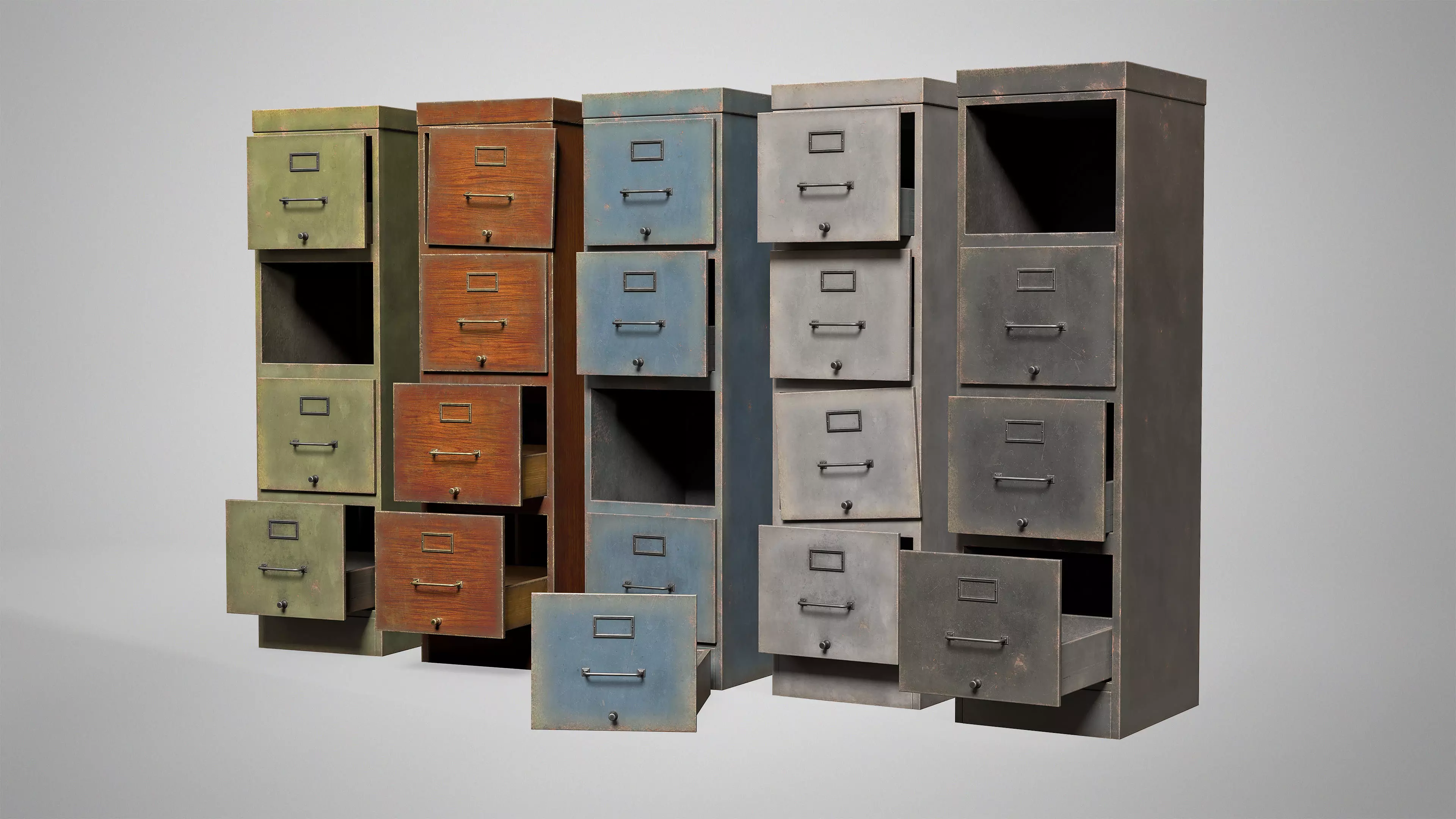 Vintage Office Cabinet - Retro Filing Cabinet with Drawers Low-poly 3D model_2