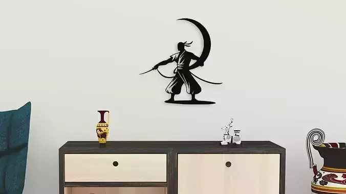 Samurai Warrior with Crescent Moon Wall Art Decor