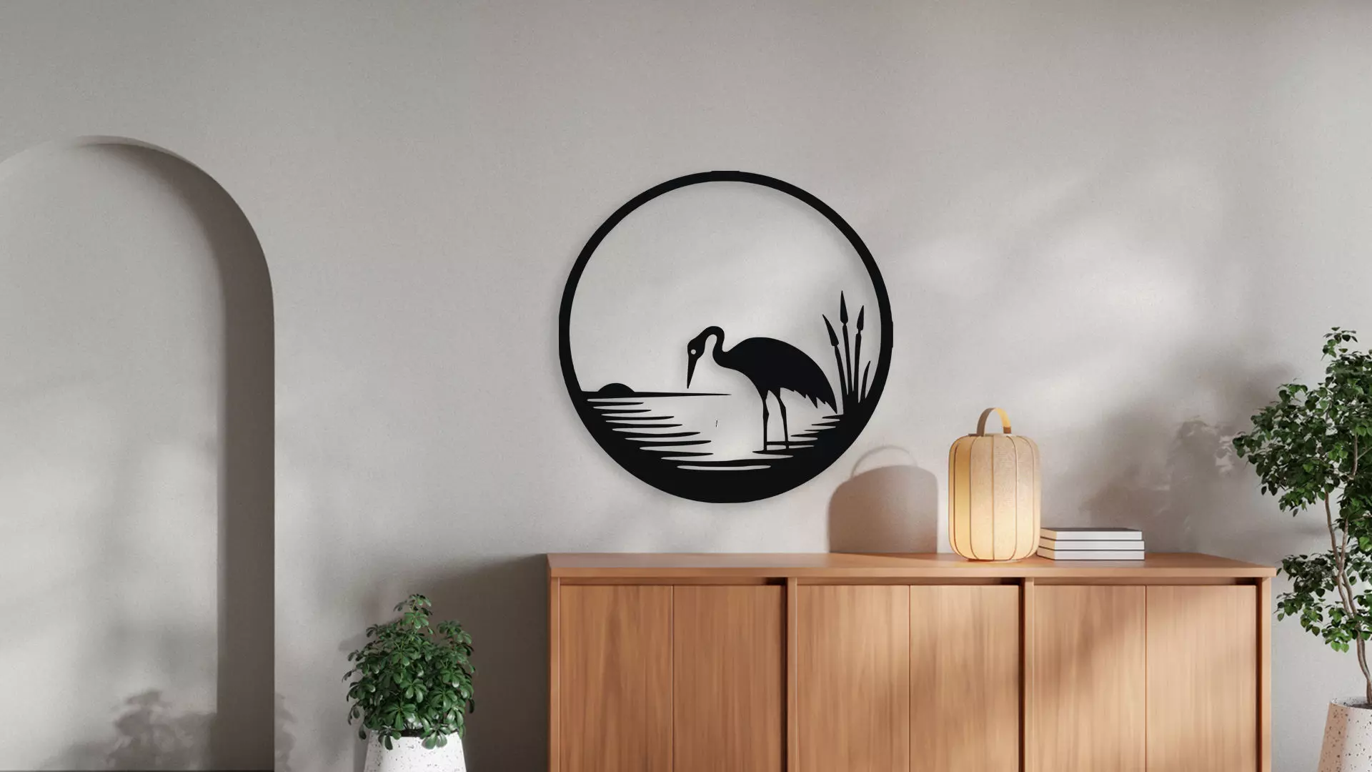Heron Bird at Sunset Circle Wall Art Silhouette Decor 3D model_2