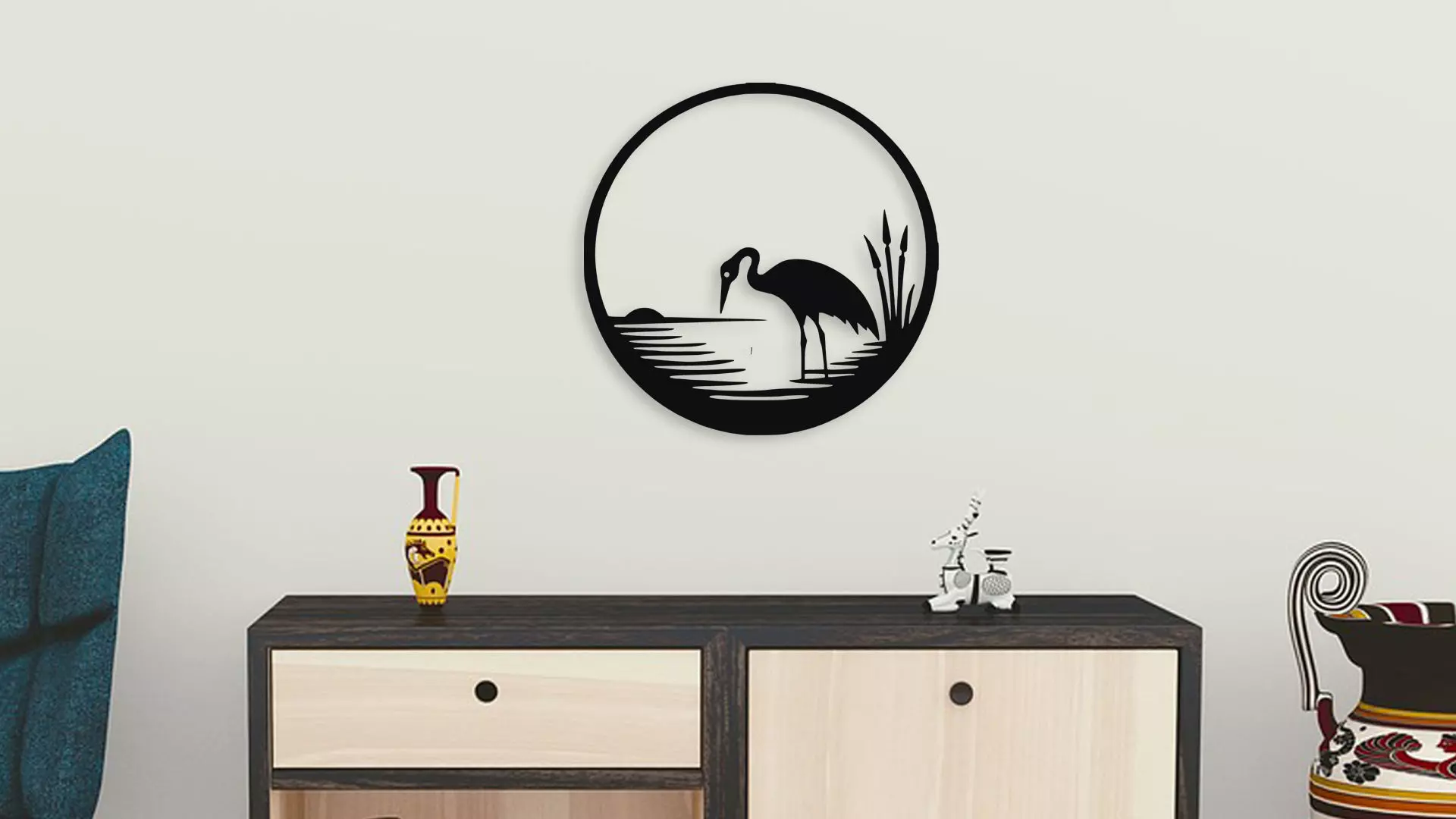 Heron Bird at Sunset Circle Wall Art Silhouette Decor 3D model_3