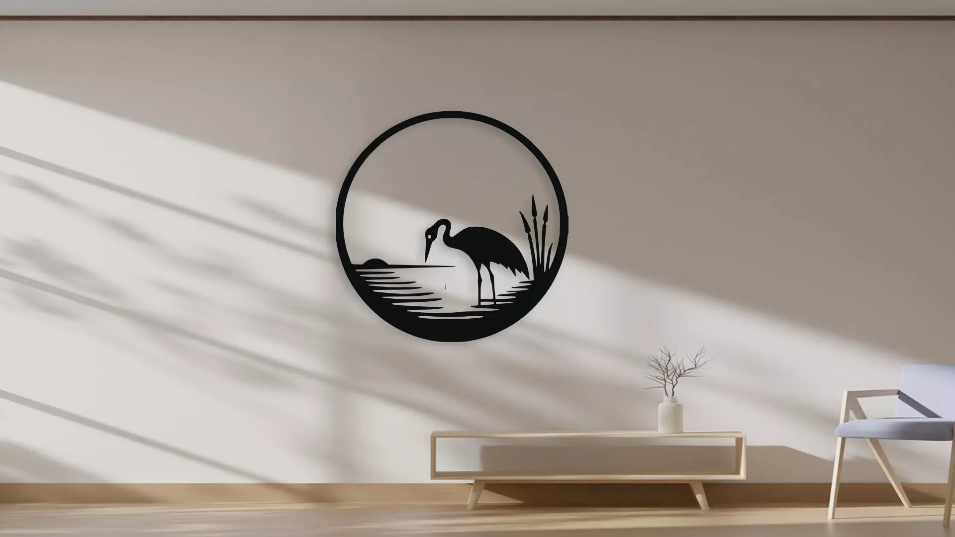 Heron Bird at Sunset Circle Wall Art Silhouette Decor 3D model_4