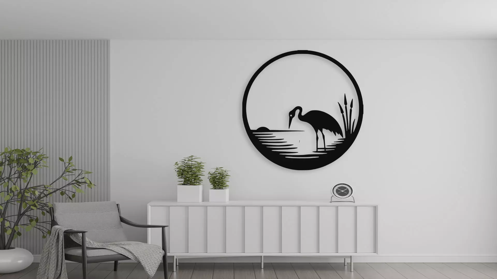 Heron Bird at Sunset Circle Wall Art Silhouette Decor 3D model_0