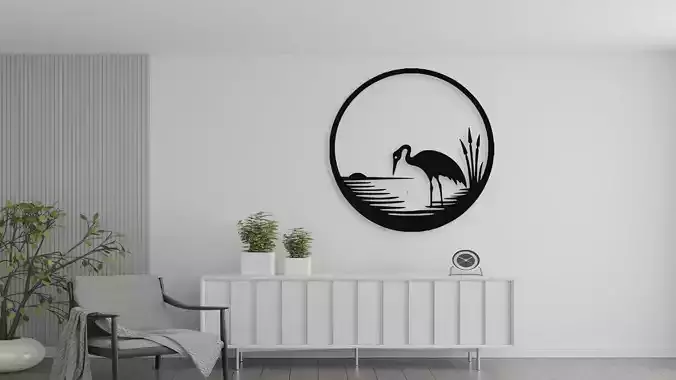 Heron Bird at Sunset Circle Wall Art Silhouette Decor