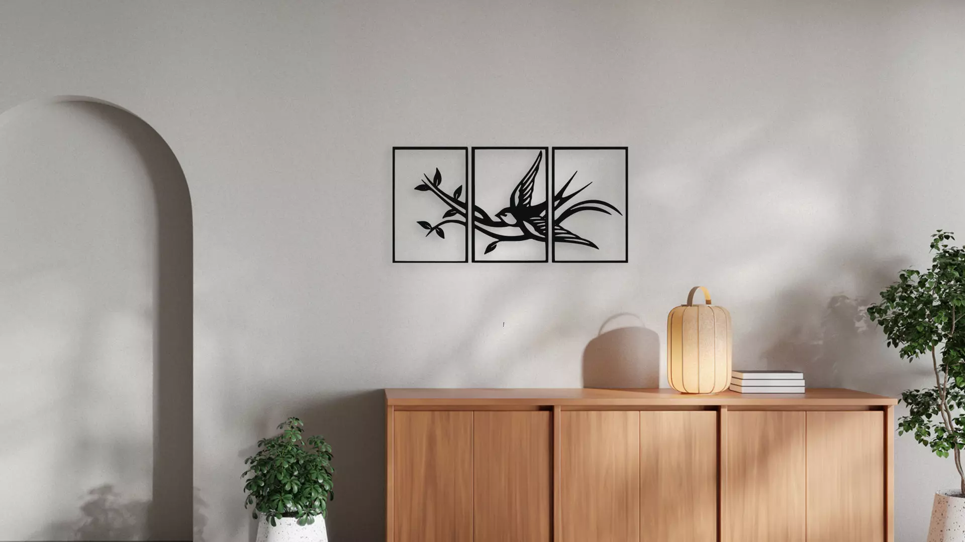 Swallow Bird on Branch Triptych Wall Art Decor 3D model_2