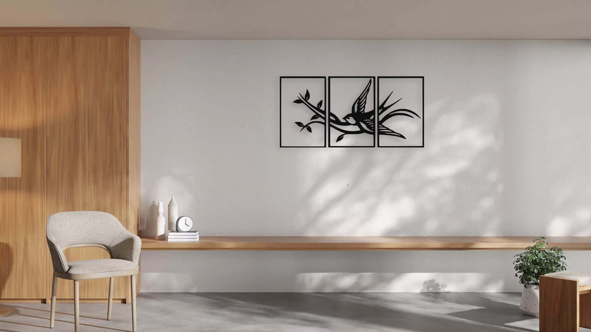 Swallow Bird on Branch Triptych Wall Art Decor 3D model_1