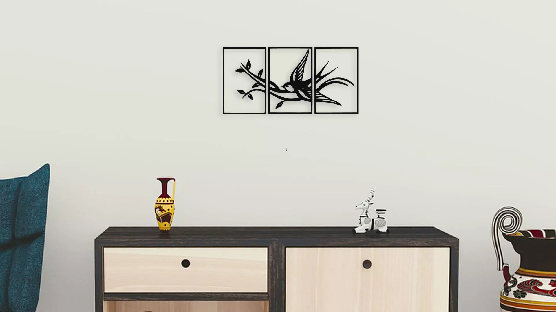 Swallow Bird on Branch Triptych Wall Art Decor 3D model_3