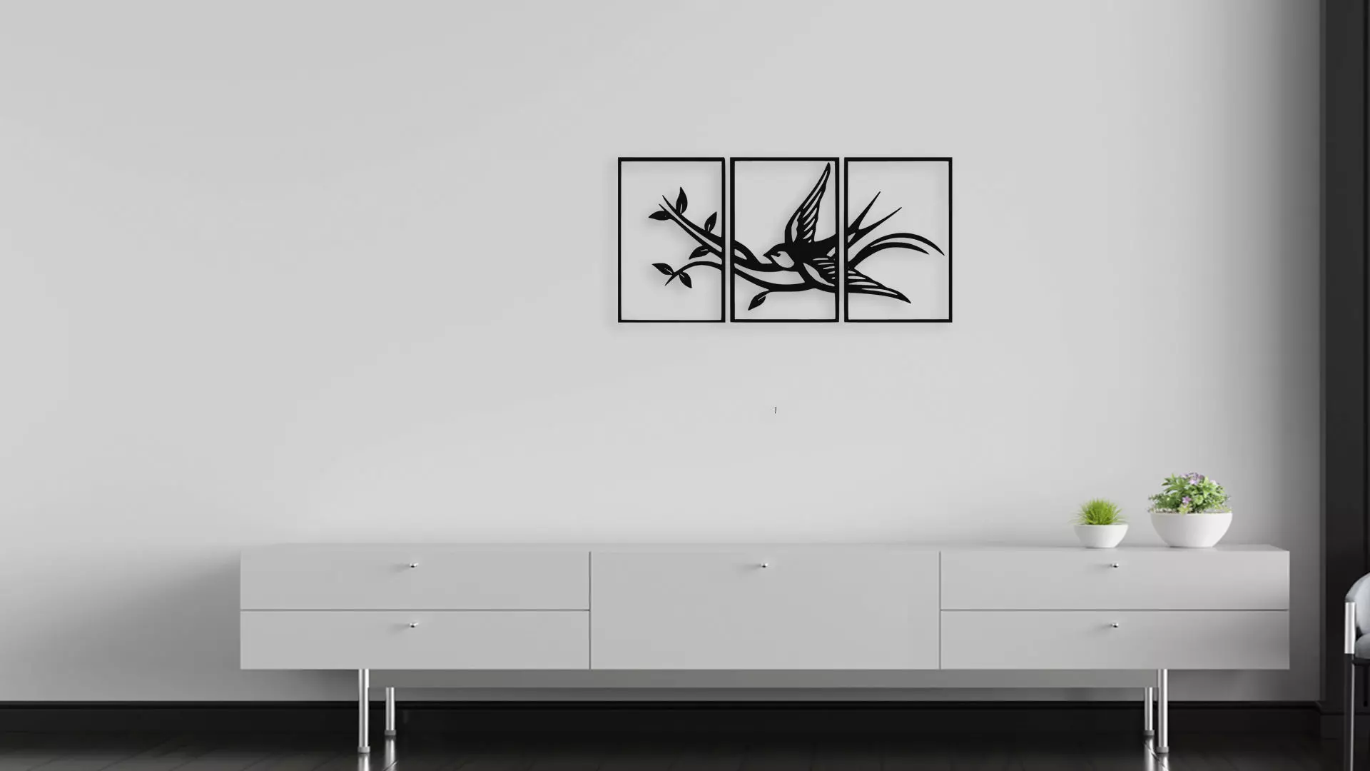 Swallow Bird on Branch Triptych Wall Art Decor 3D model_5