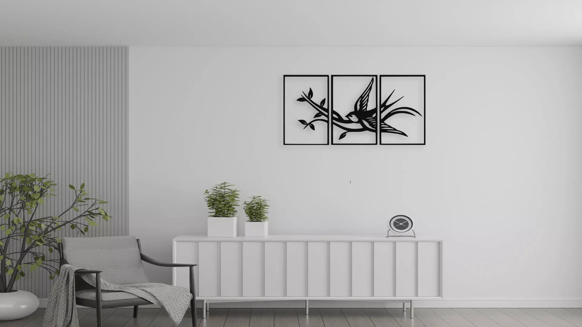 Swallow Bird on Branch Triptych Wall Art Decor 3D model_4