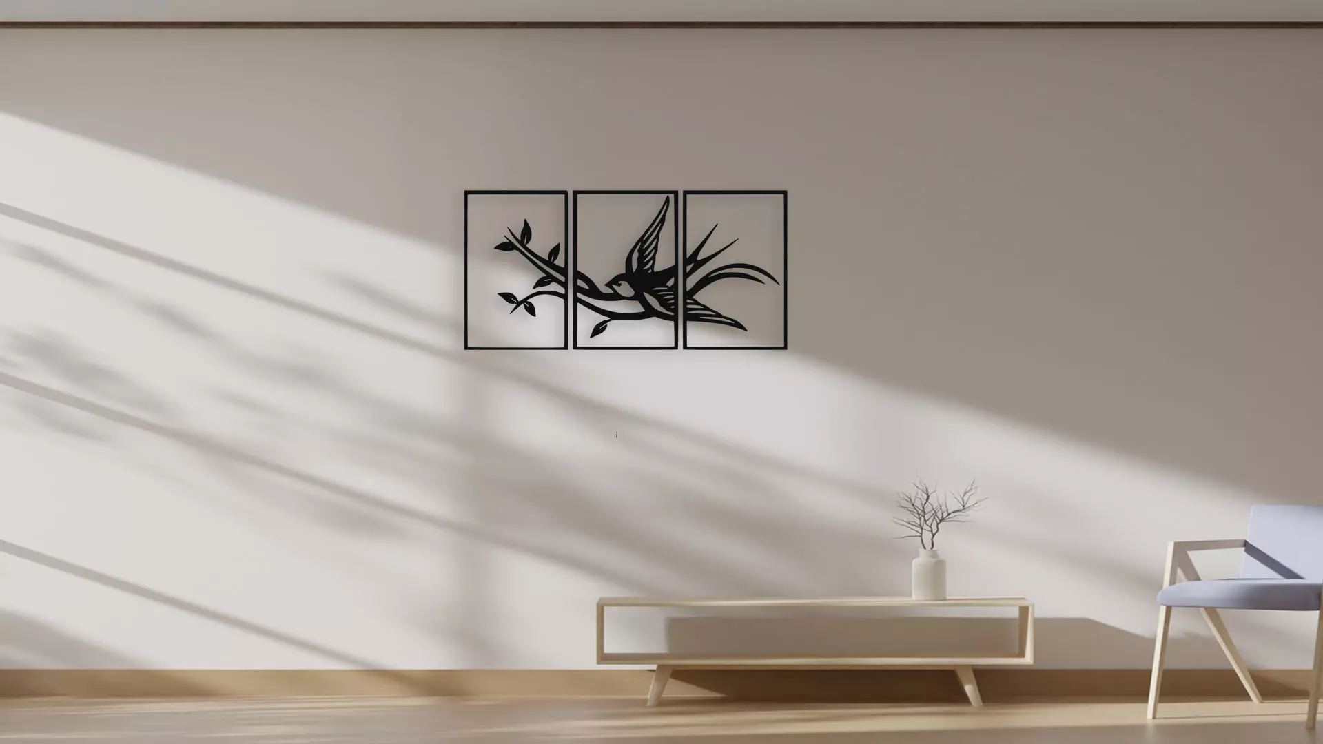 Swallow Bird on Branch Triptych Wall Art Decor 3D model_0
