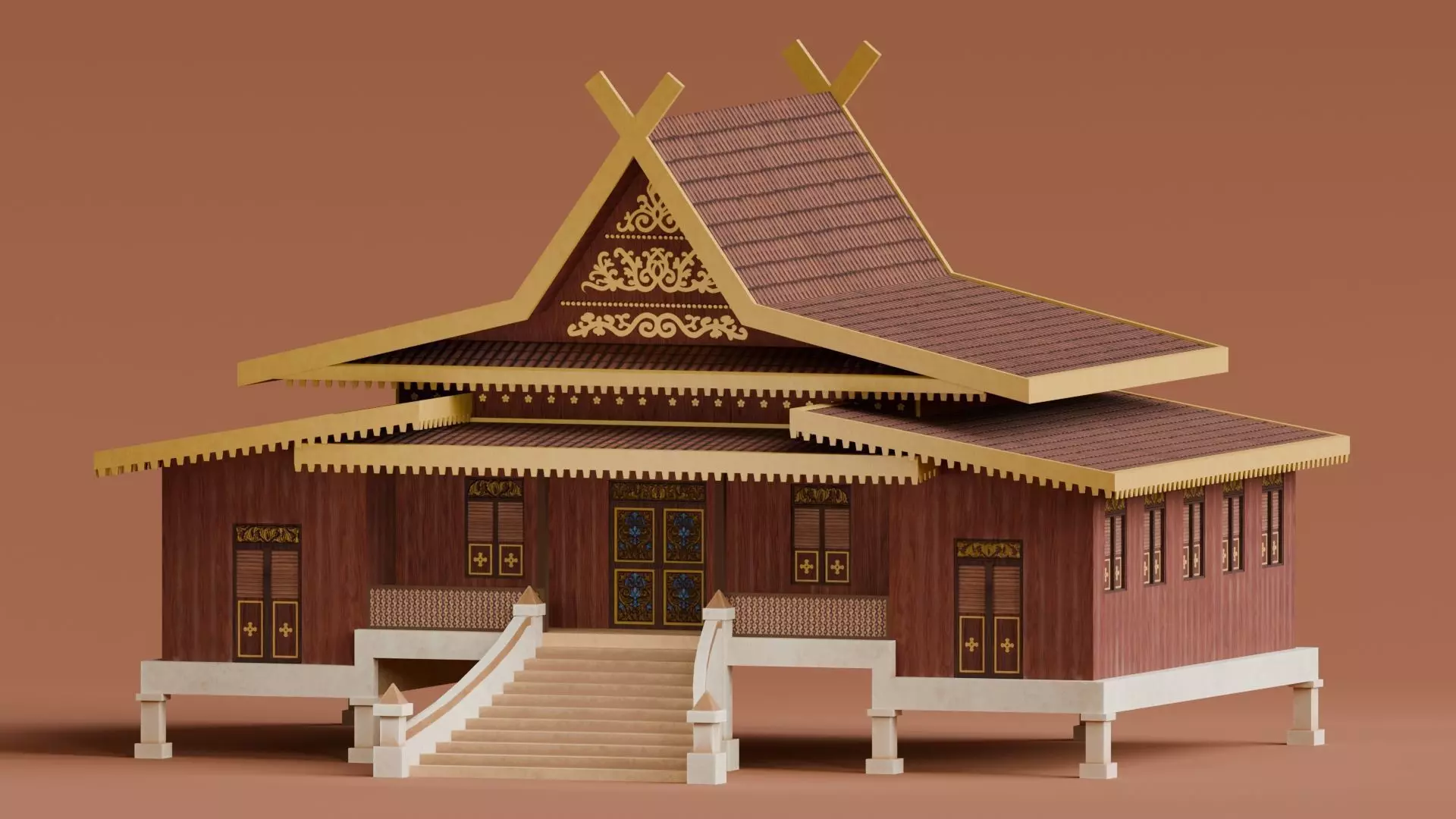Traditional Houses - Rumah Selaso Jatuh Kembar Low-poly 3D model