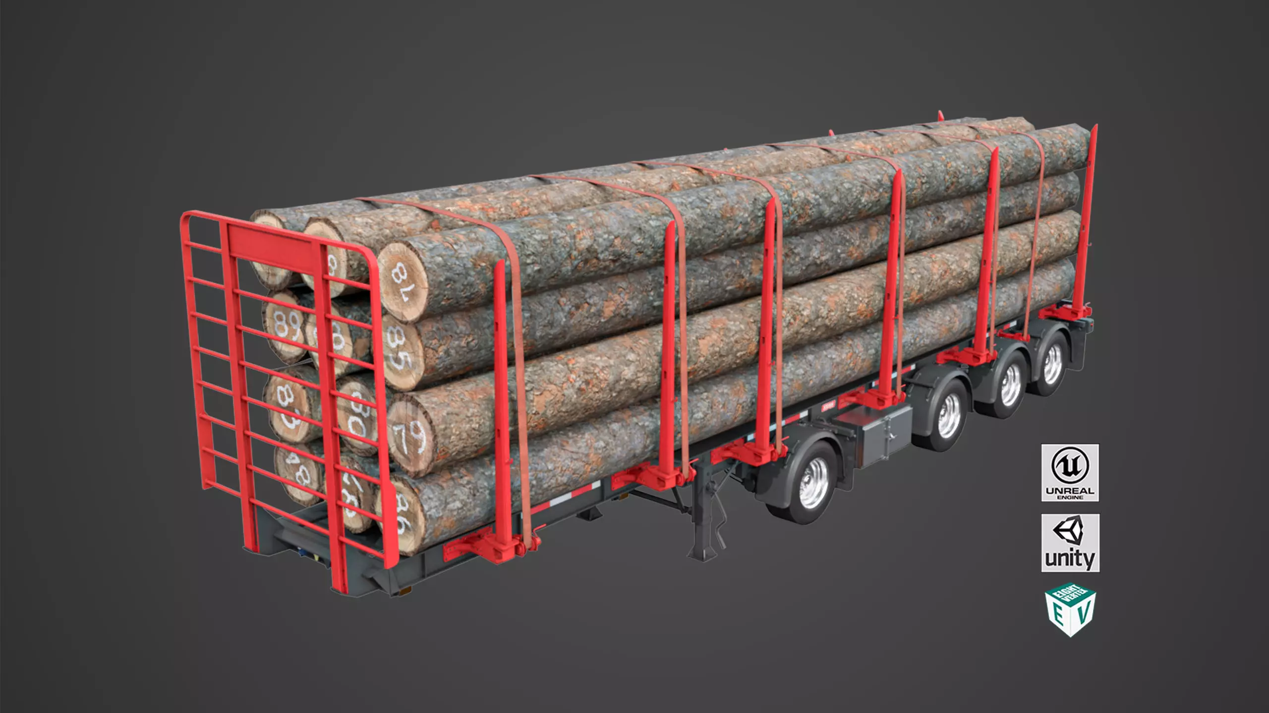 Logging Trailer 01 Red with Load Single Mat All PBR Textures Low-poly 3D model_0