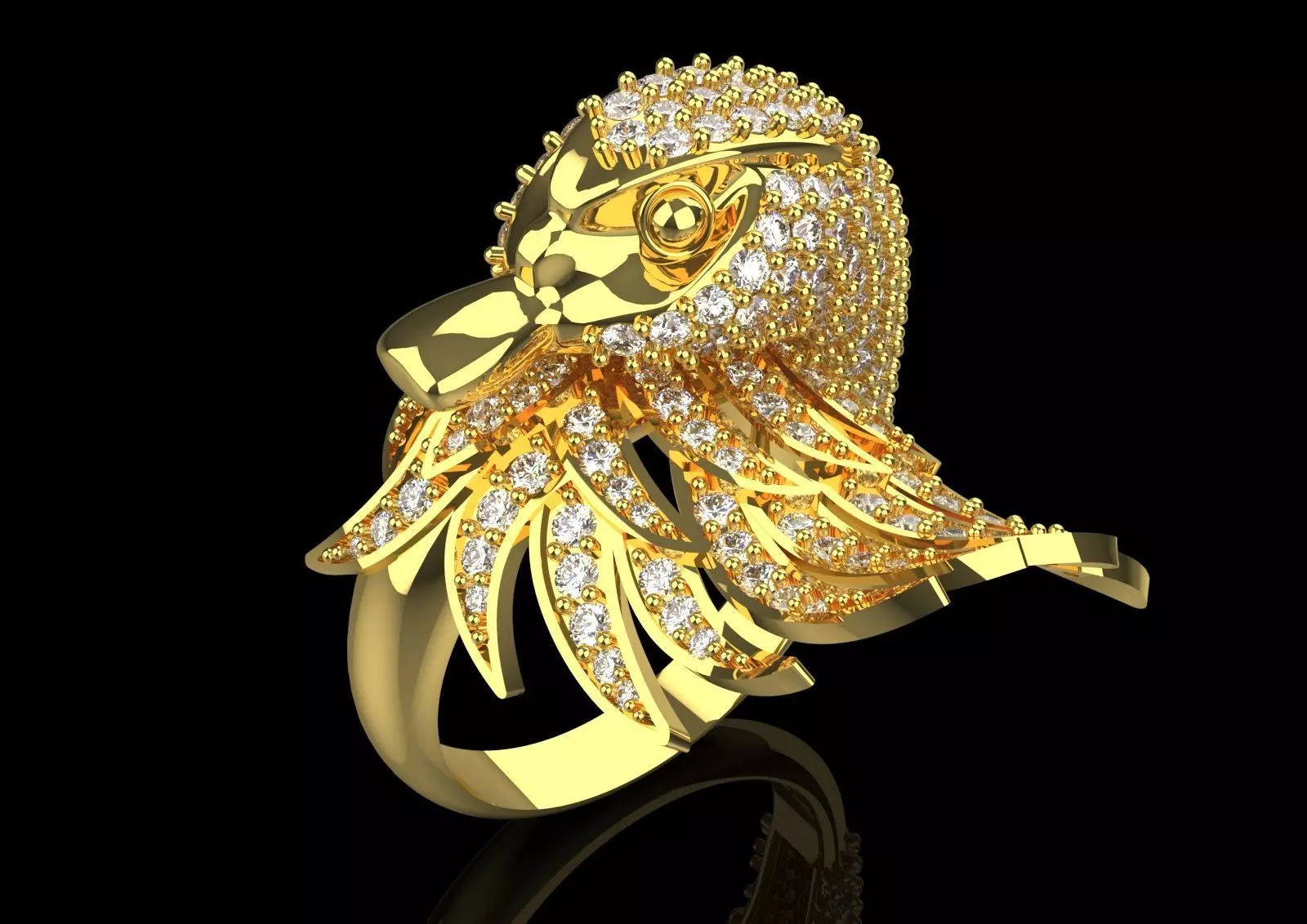 Yellow Gold Swan Head STL 3D Ring with Diamonds Model jr00194 3D print model_1