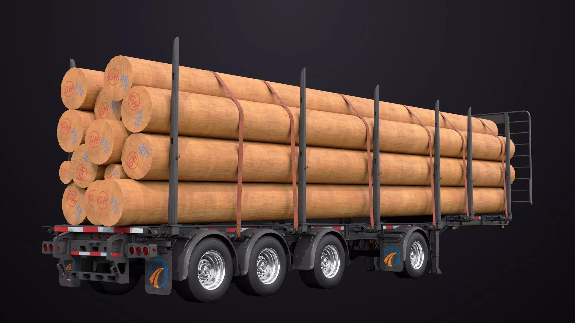 Logging Trailer Black with 6 Loads single Mat All PBR Textures Low-poly 3D model_13
