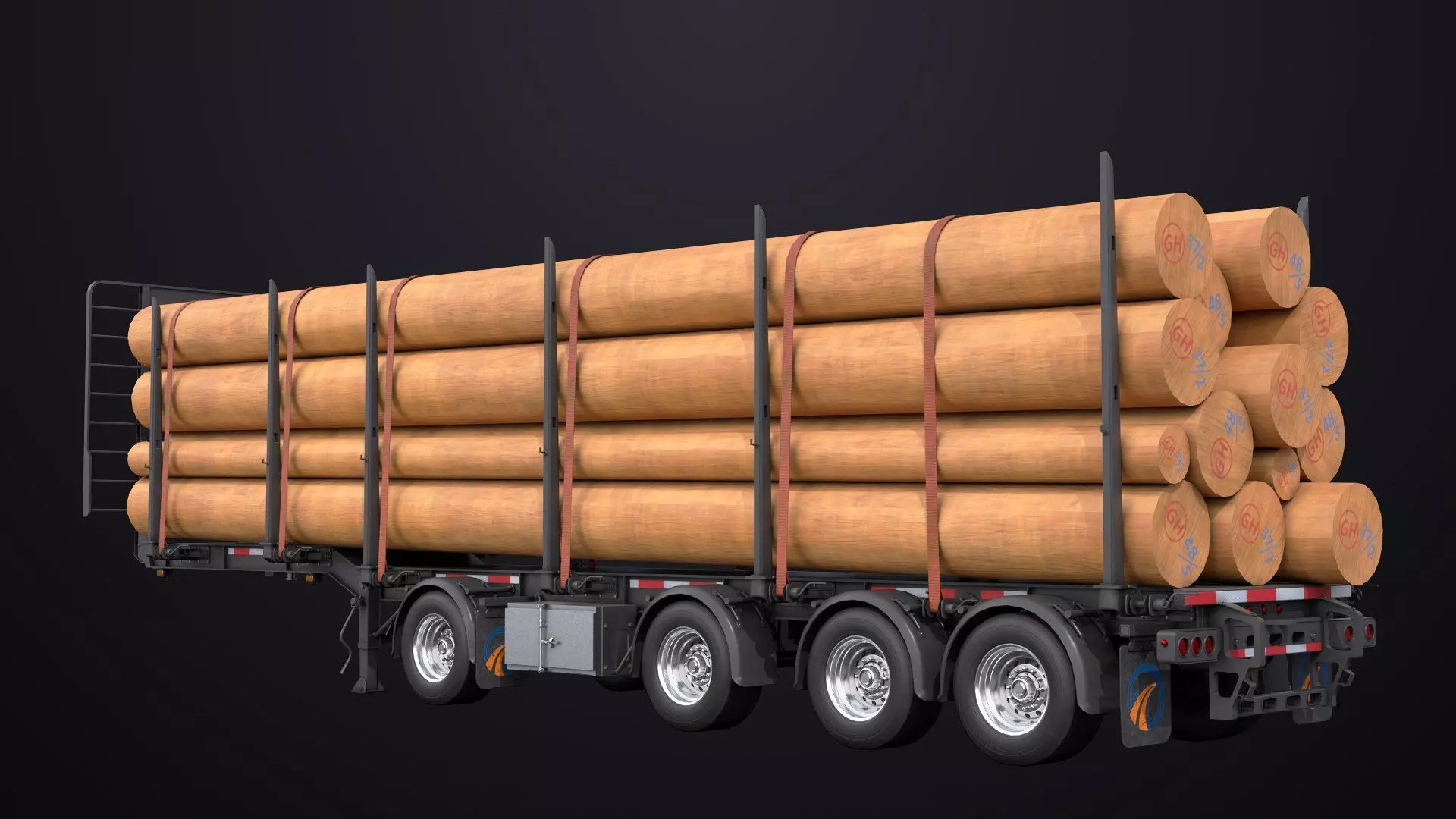 Logging Trailer Black with 6 Loads single Mat All PBR Textures Low-poly 3D model_17