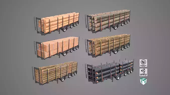 Logging Trailer Black with 6 Loads single Mat All PBR Textures Low-poly 3D model