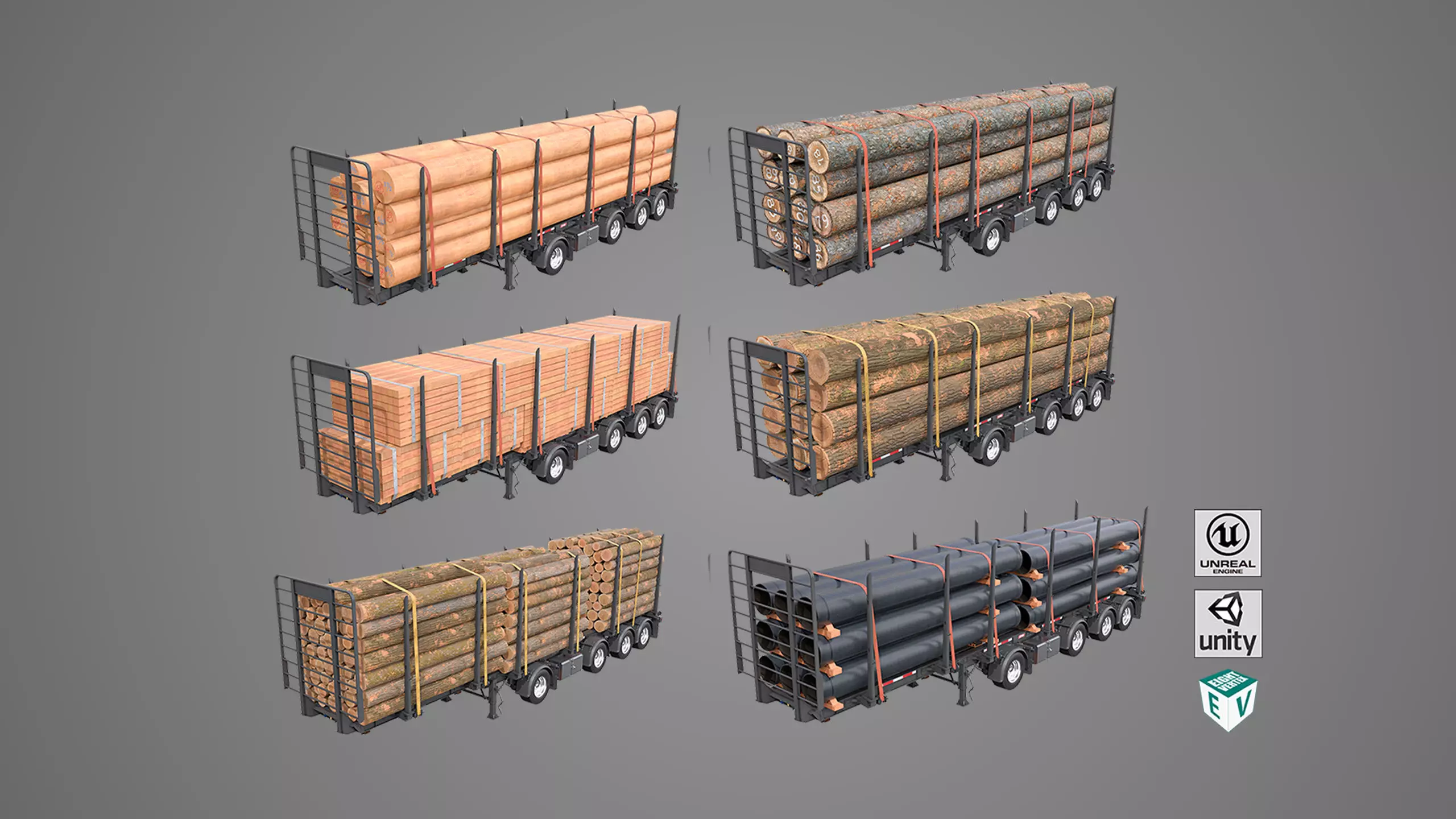 Logging Trailer Black with 6 Loads single Mat All PBR Textures Low-poly 3D model_0