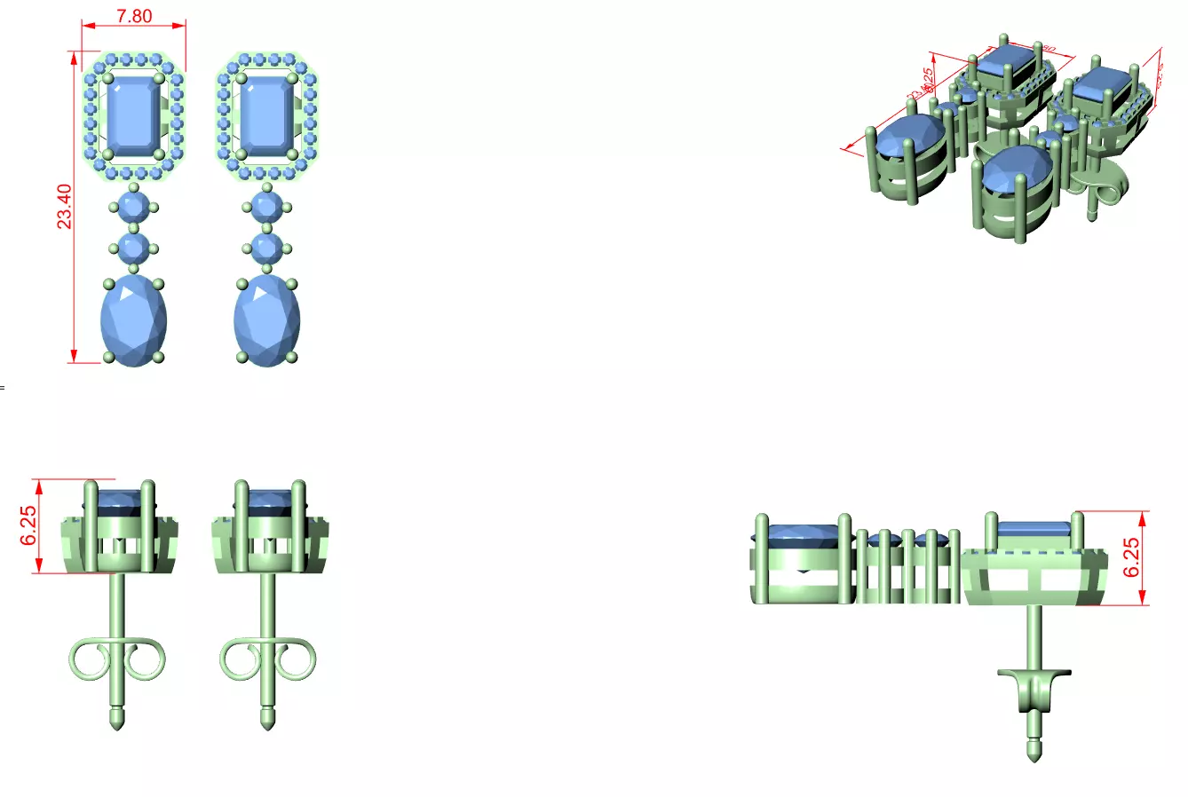 Diamond Drops Earrings 3dm stl renders 360 animation videos 3D print model_9