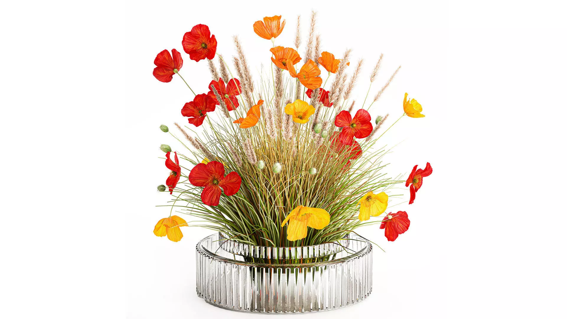 Beautiful Bouquet Red Yellow Wild Flowers Poppy grass vase 3D model
