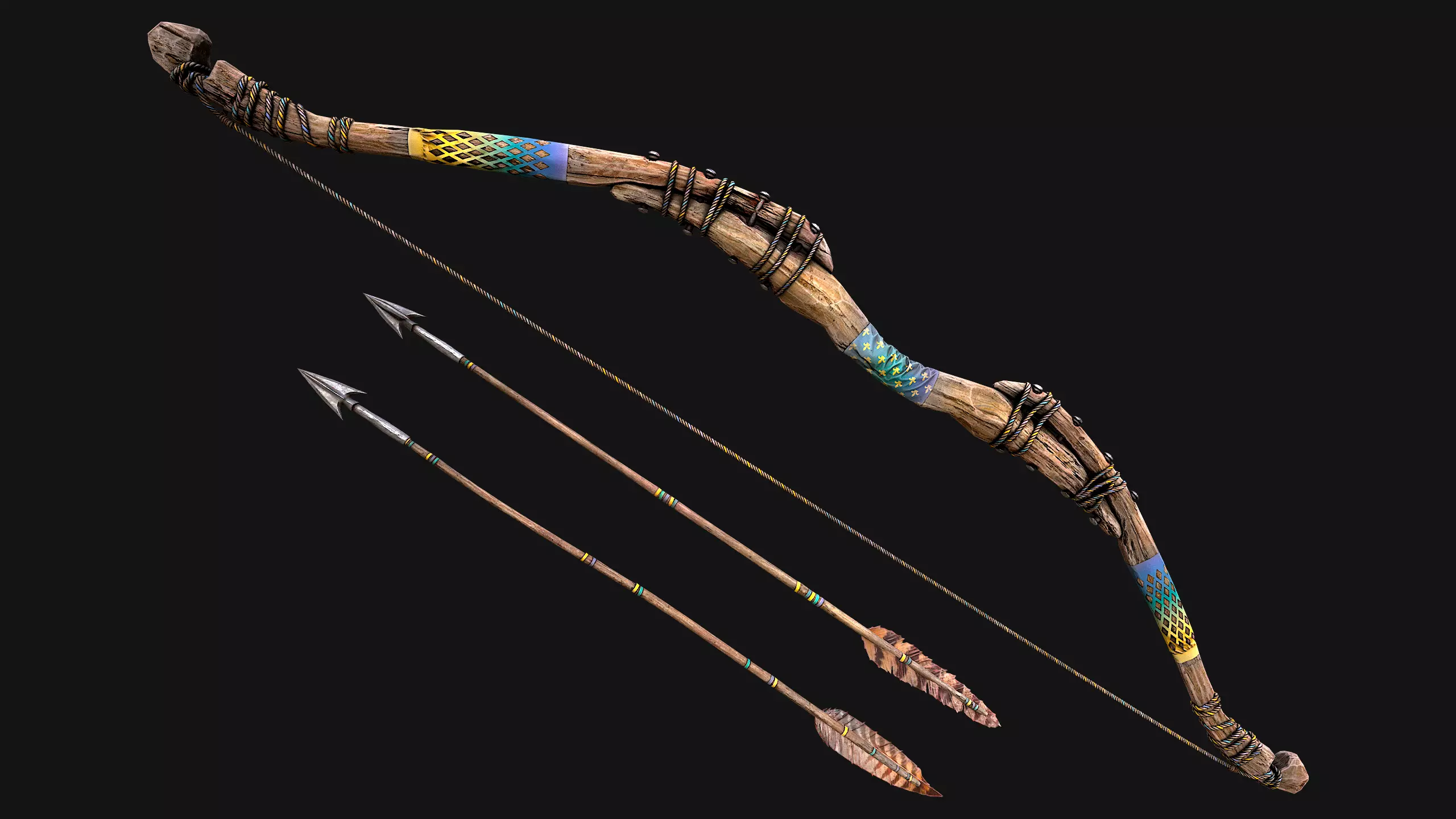 Medieval Wooden Bow Weapon Archer Low-poly 3D model_12