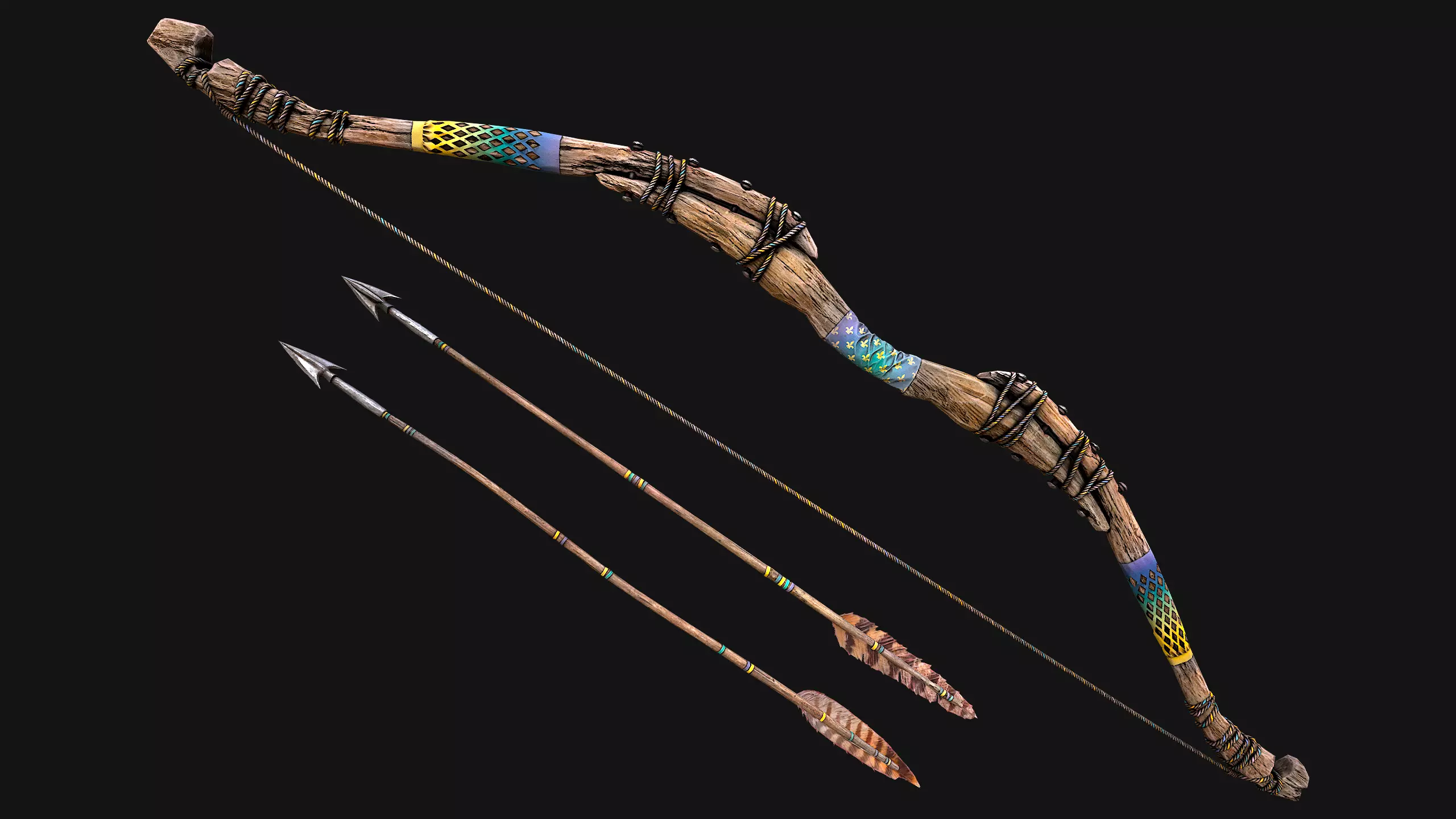 Medieval Wooden Bow Weapon Archer Low-poly 3D model_13