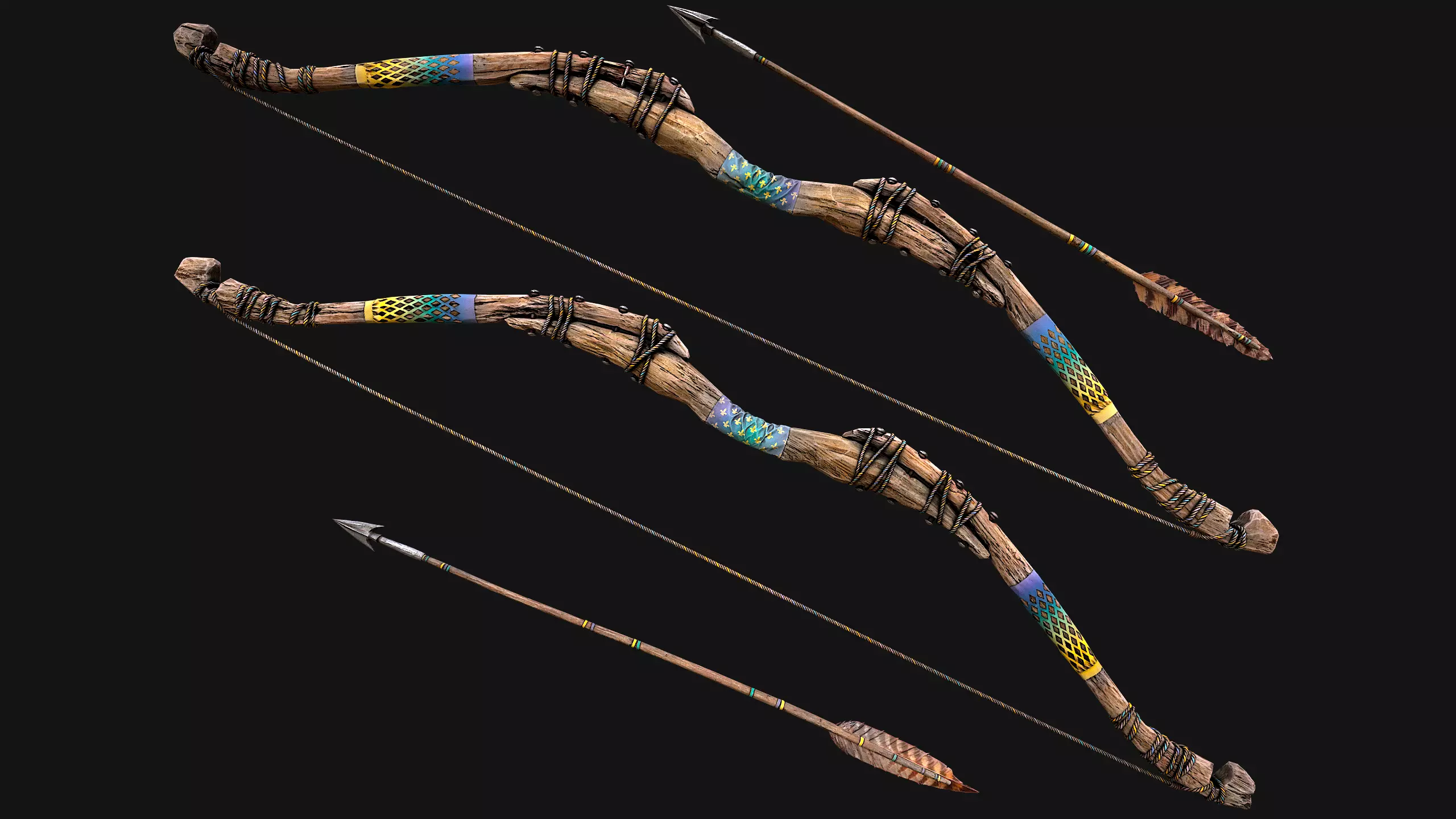 Medieval Wooden Bow Weapon Archer Low-poly 3D model_28