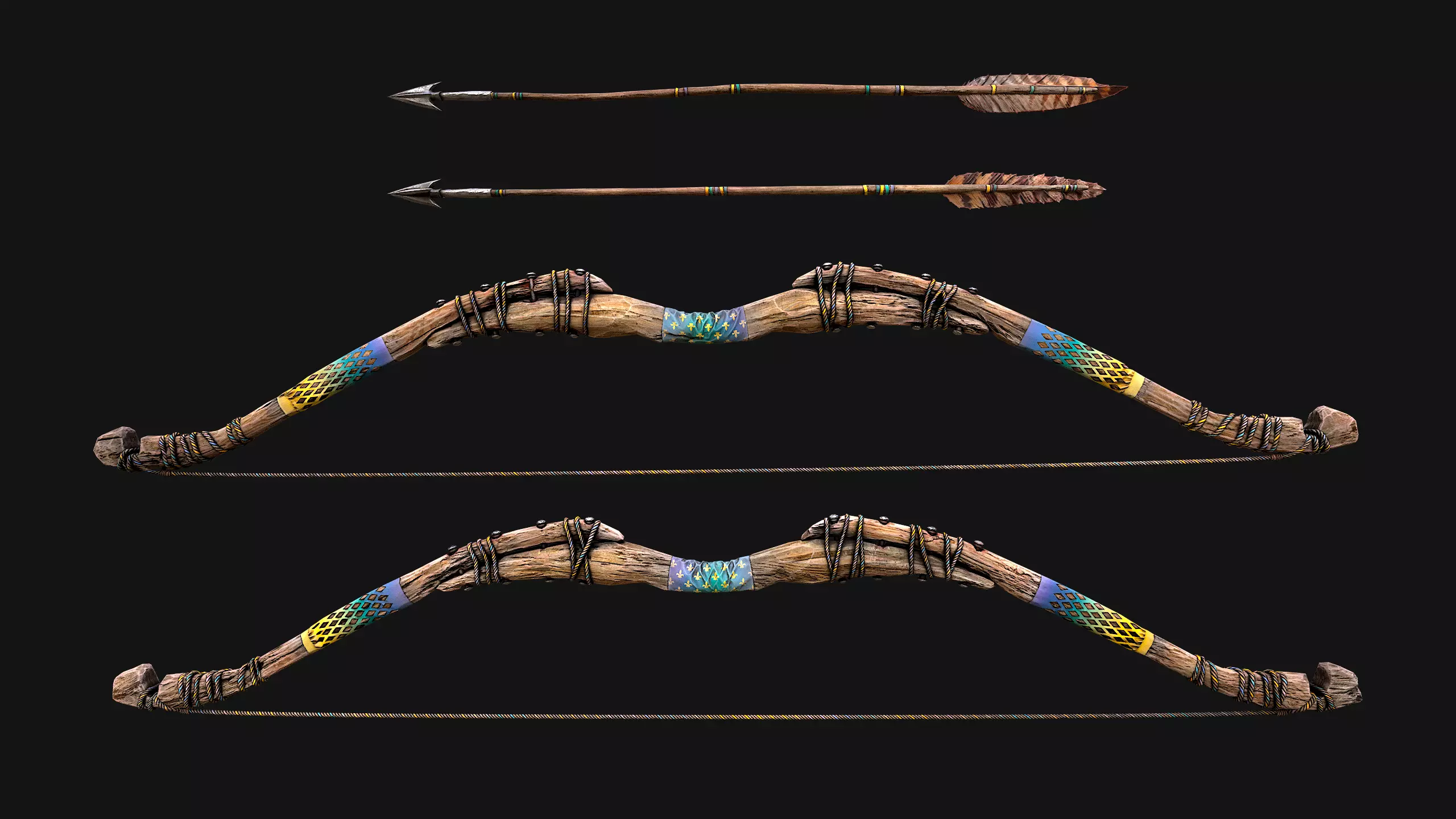 Medieval Wooden Bow Weapon Archer Low-poly 3D model_2