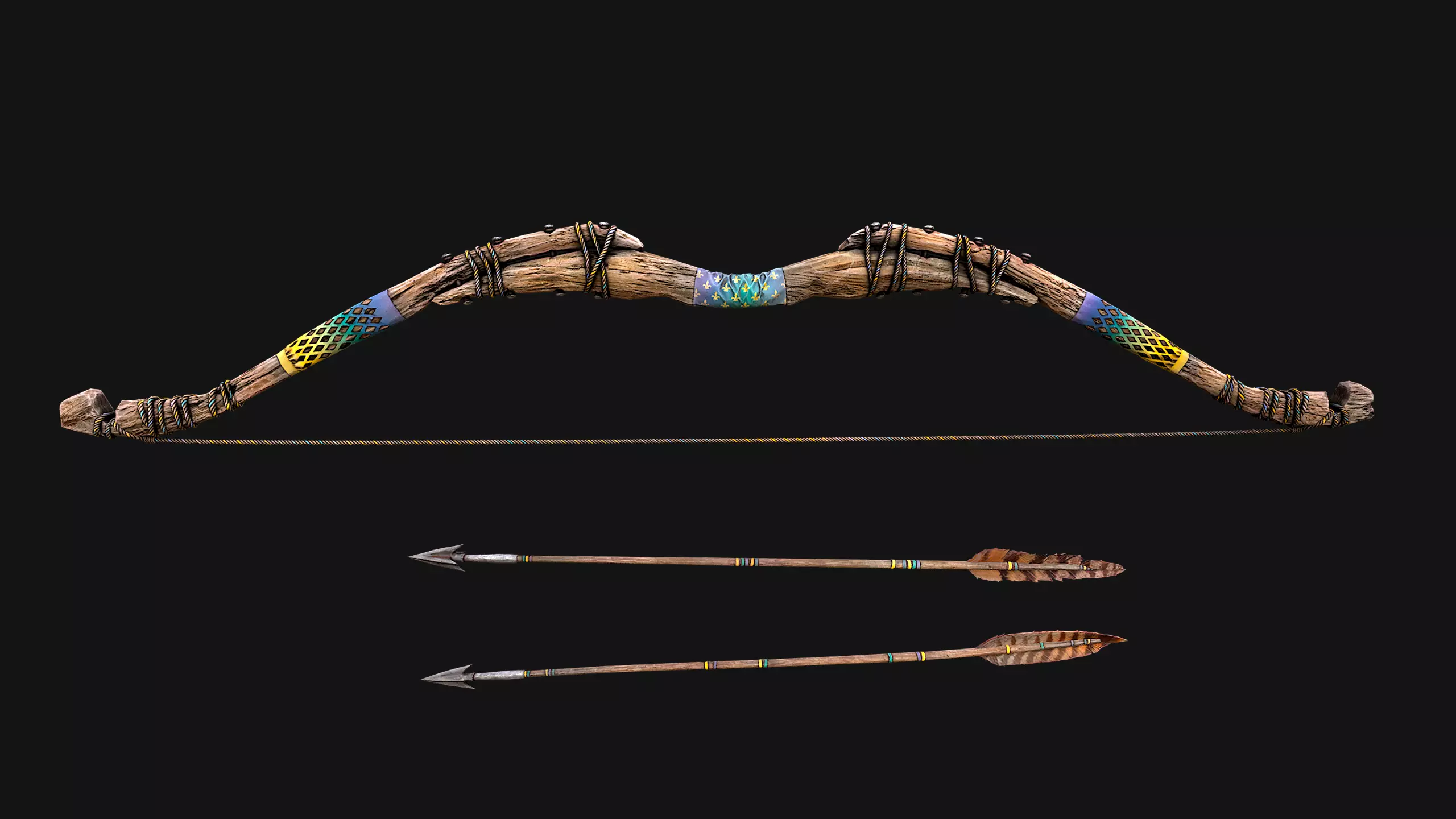 Medieval Wooden Bow Weapon Archer Low-poly 3D model_11