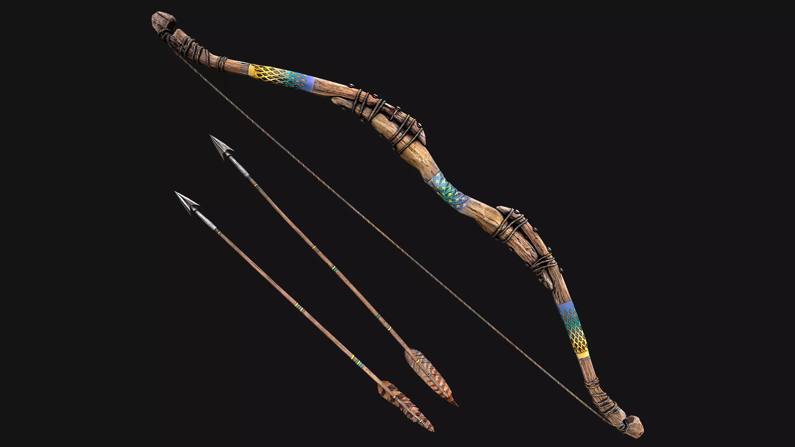 Medieval Wooden Bow Weapon Archer Low-poly 3D model_15