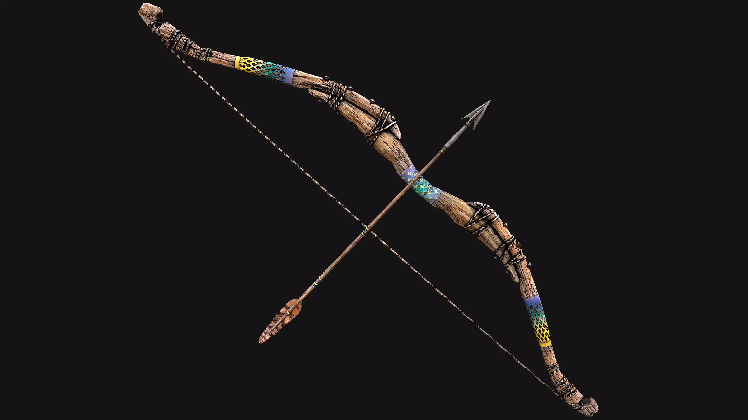 Medieval Wooden Bow Weapon Archer Low-poly 3D model_6