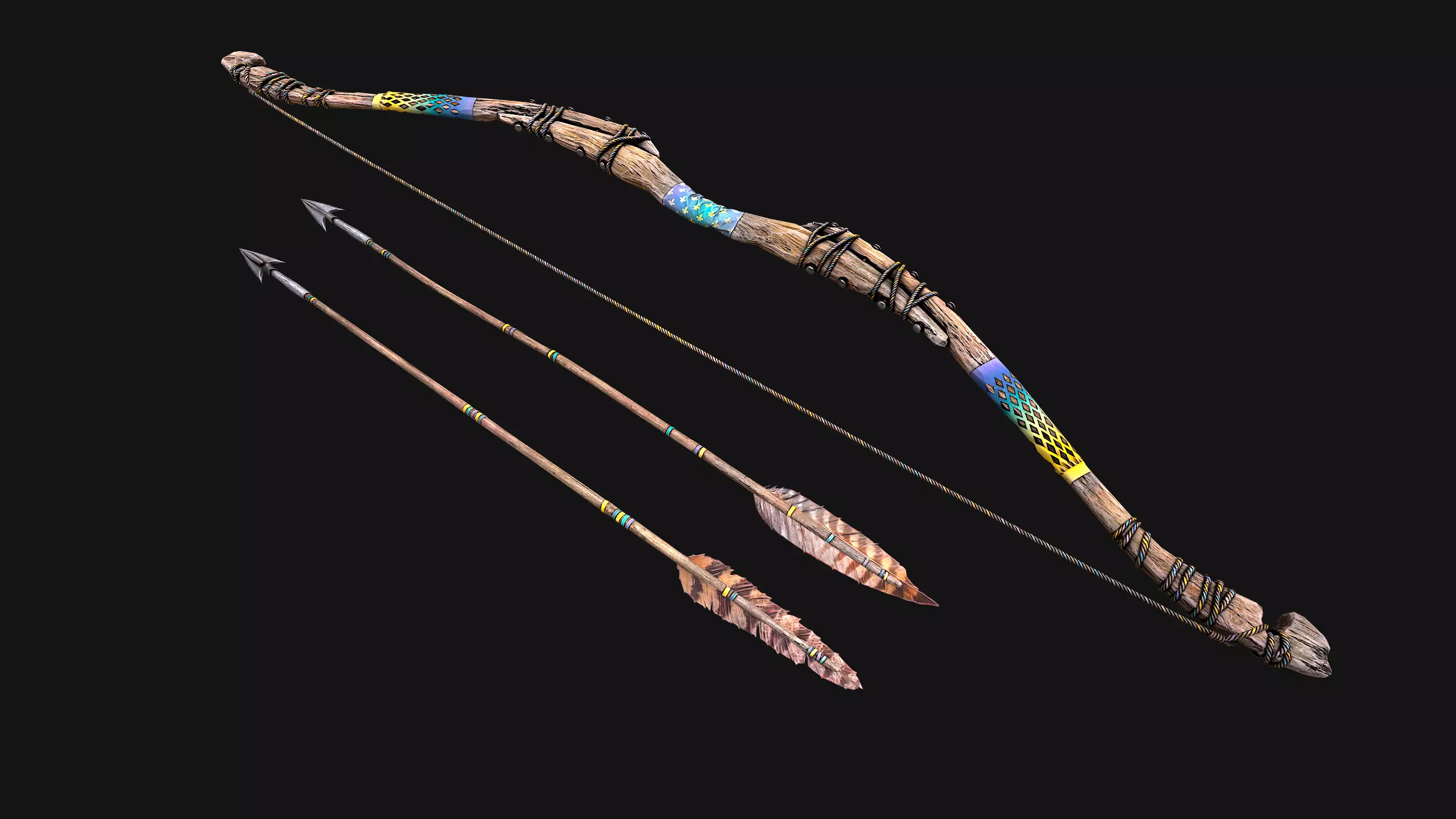 Medieval Wooden Bow Weapon Archer Low-poly 3D model_29