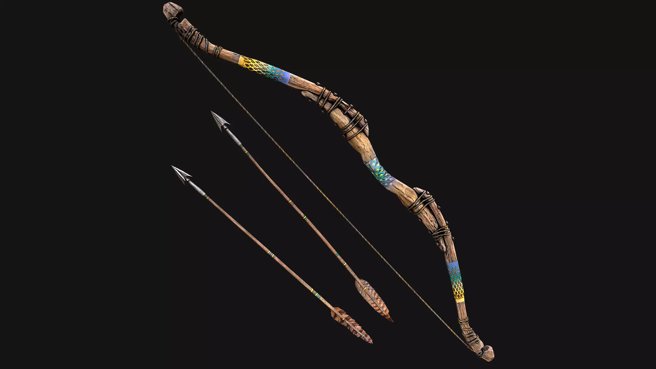 Medieval Wooden Bow Weapon Archer Low-poly 3D model_14