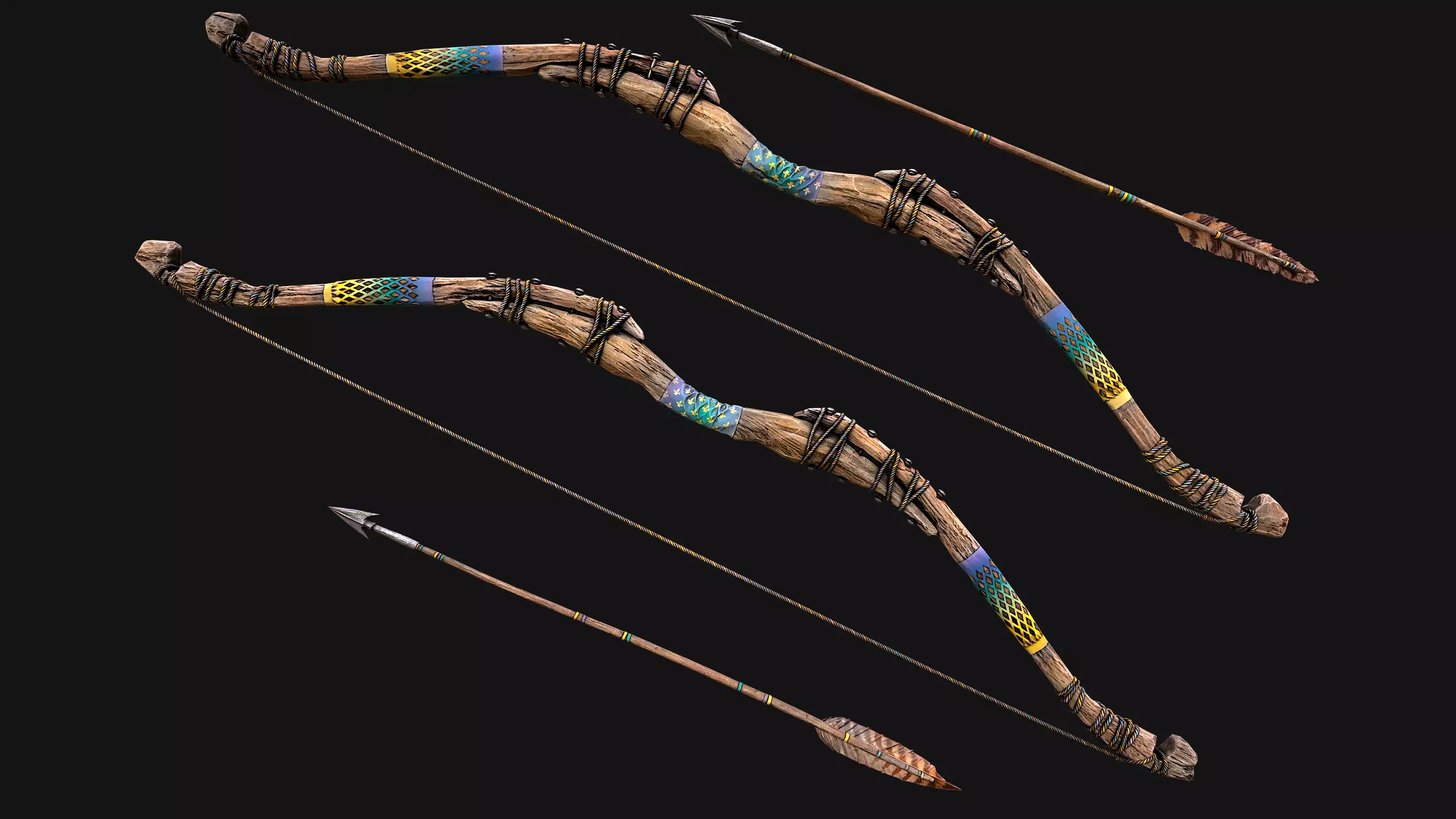 Medieval Wooden Bow Weapon Archer Low-poly 3D model_8