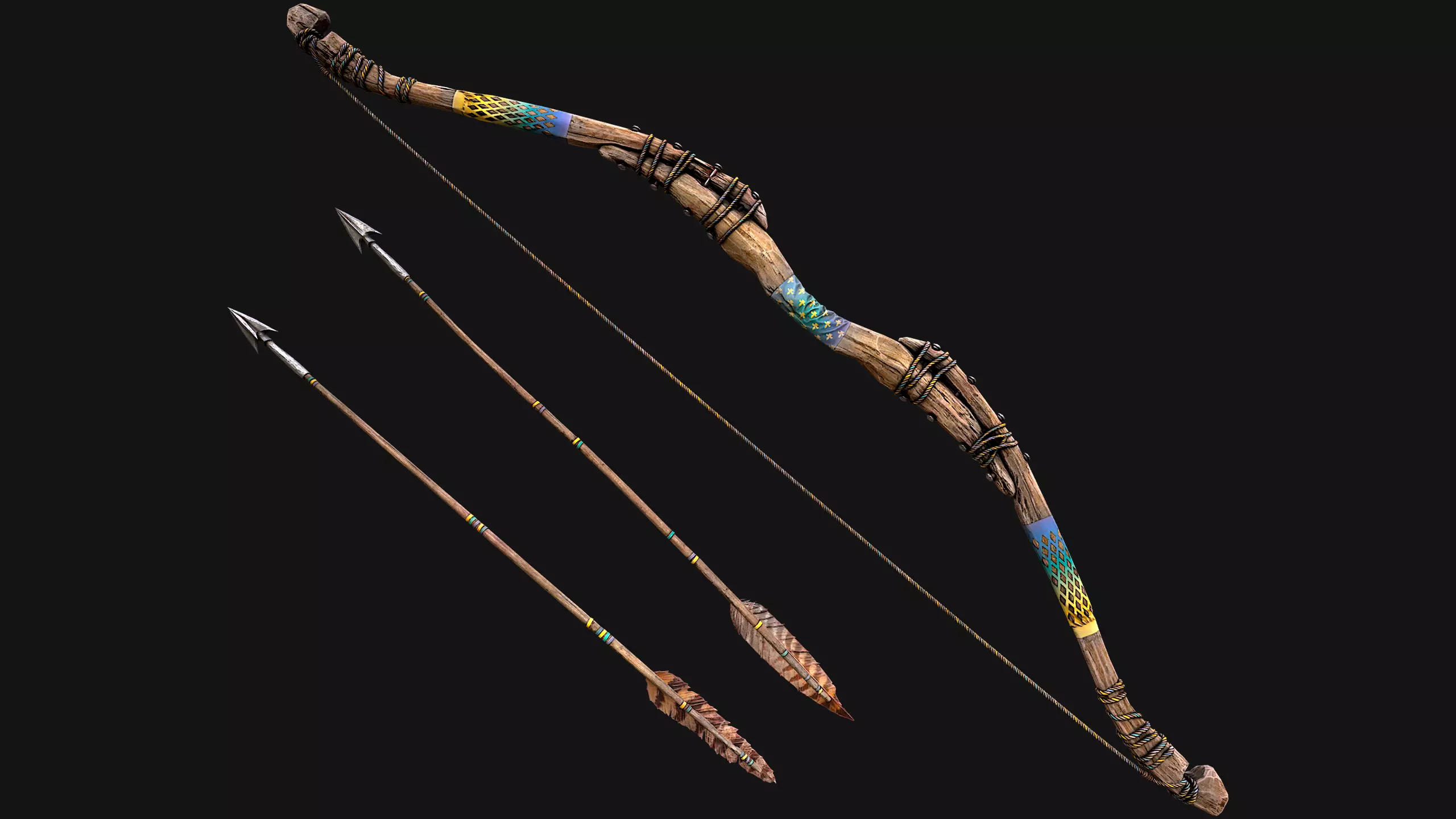 Medieval Wooden Bow Weapon Archer Low-poly 3D model_0