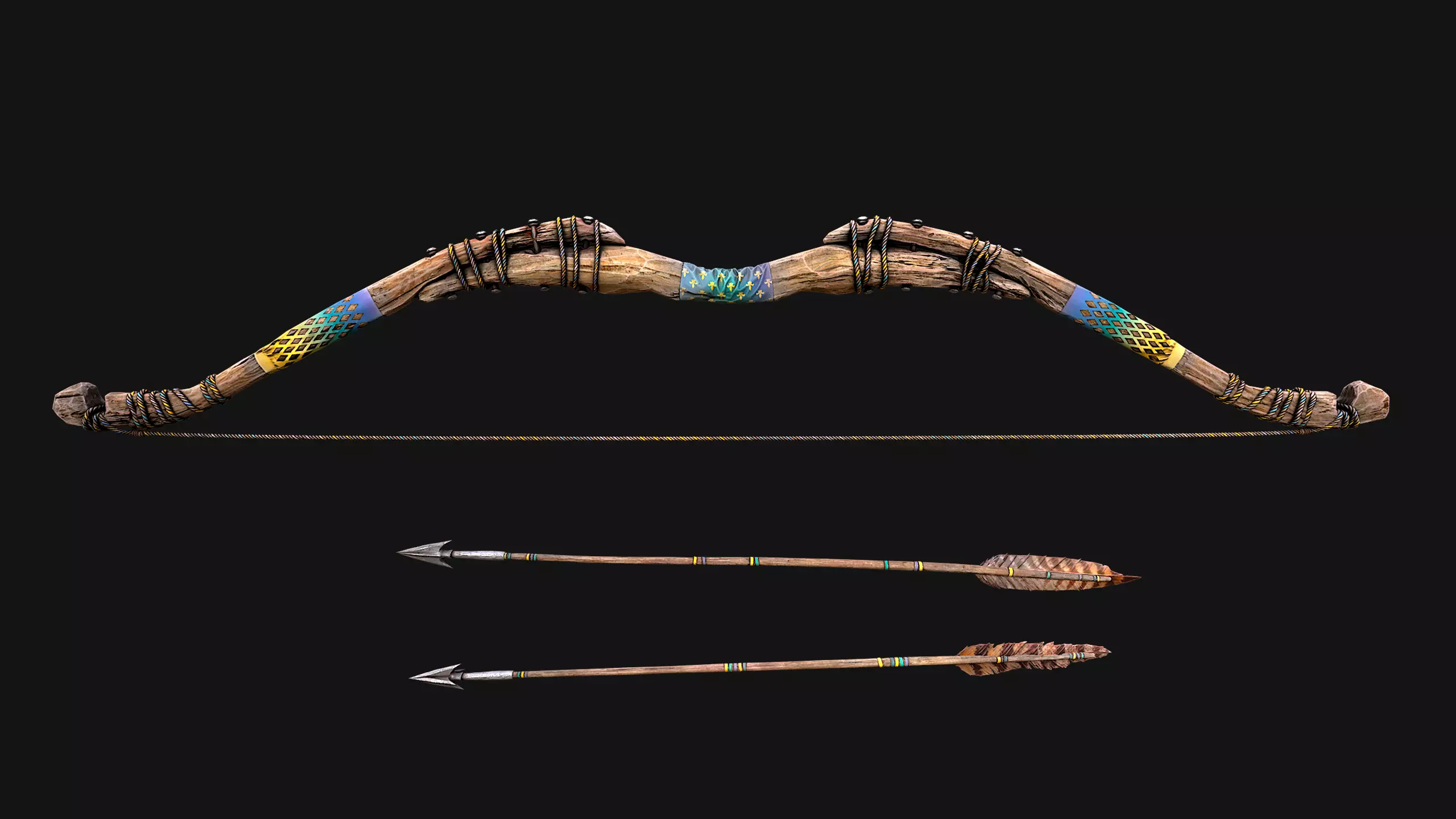 Medieval Wooden Bow Weapon Archer Low-poly 3D model_10