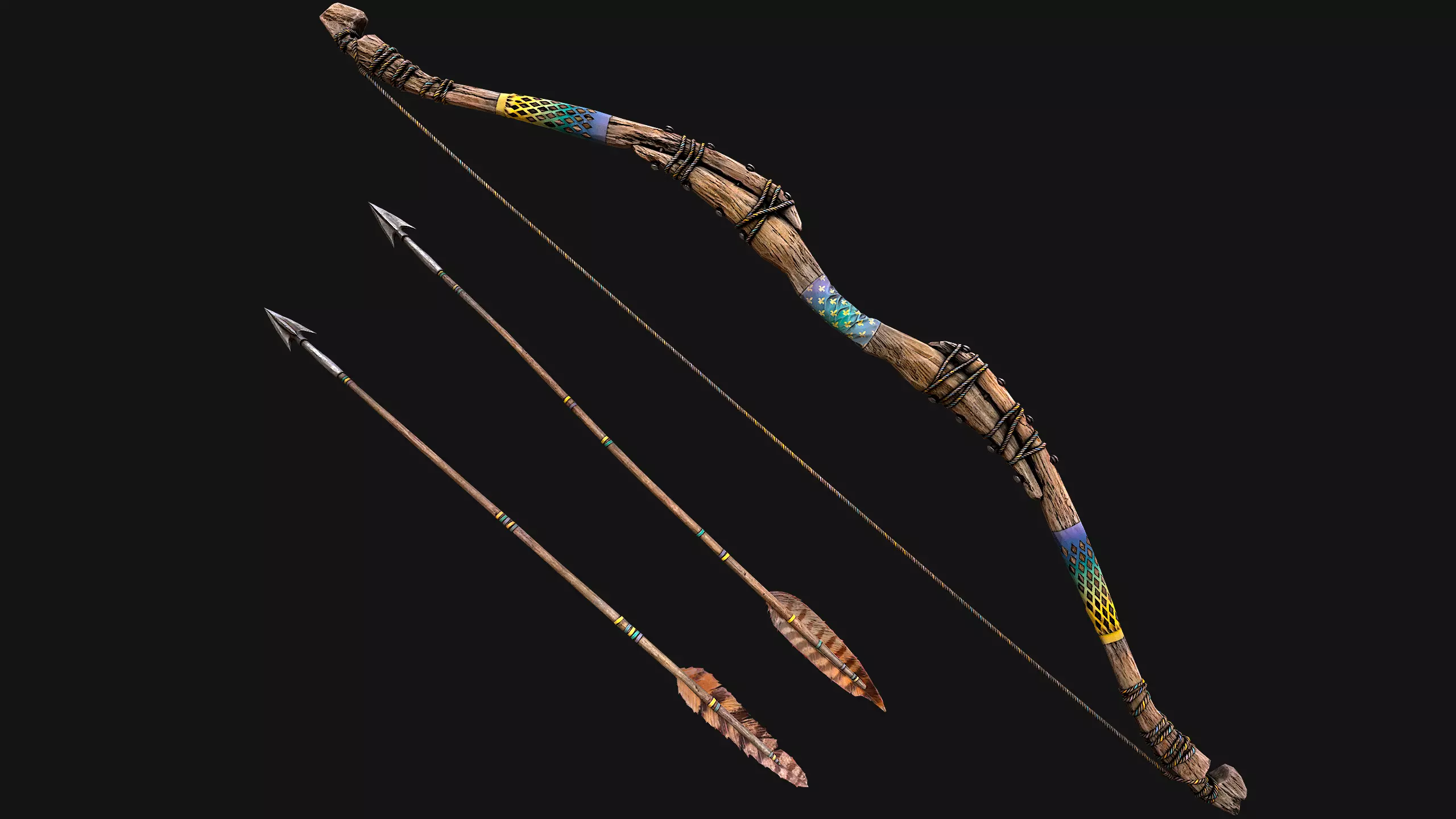 Medieval Wooden Bow Weapon Archer Low-poly 3D model_7